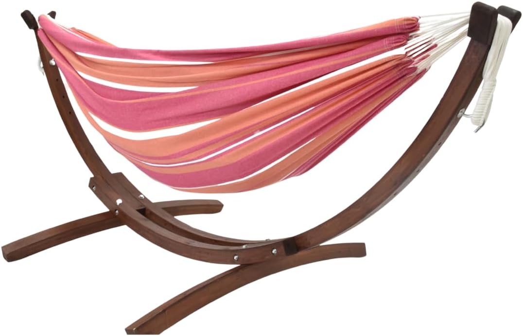 Vivere Double Cotton Hammock with Solid Pine Arc Stand - 450 lb Capacity, Durable FSC Wood Frame, Includes Hardware & User Guide - 450 lb Weight Capacity