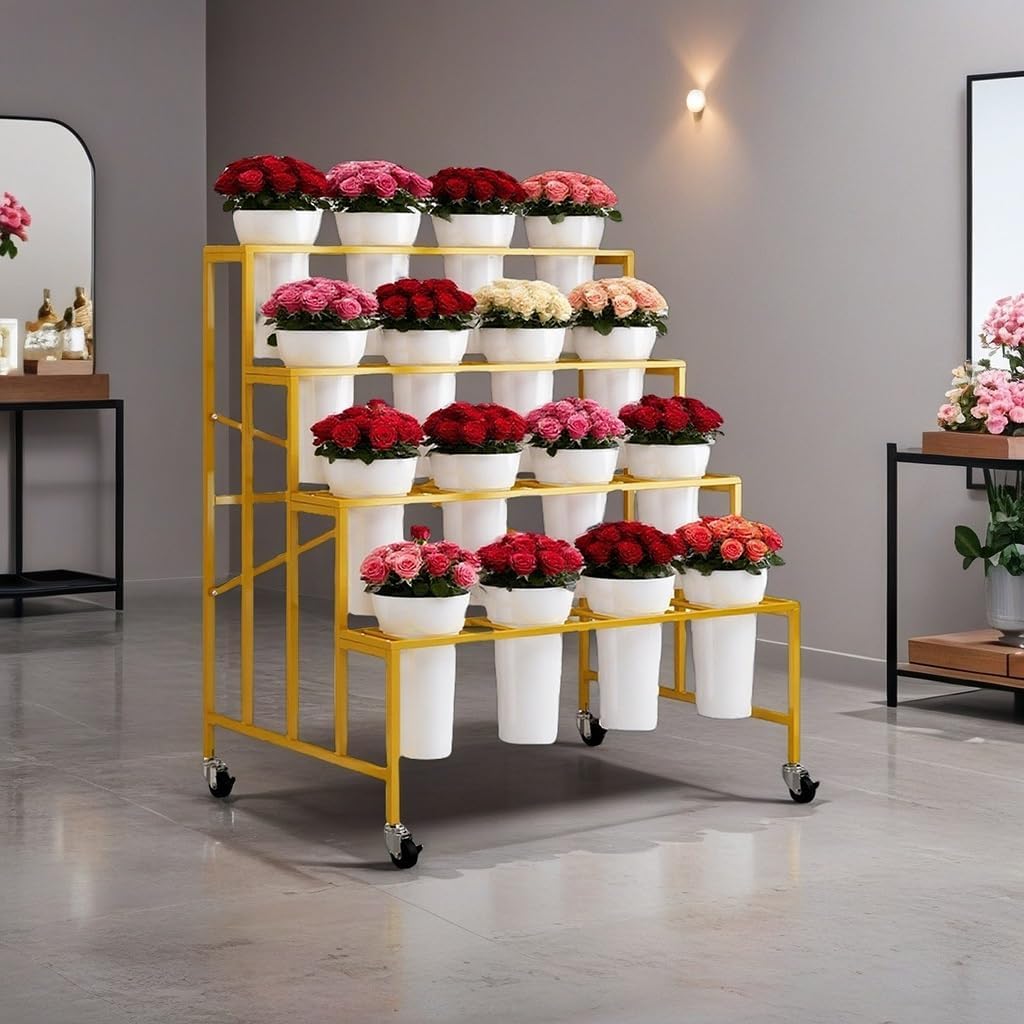 Flower Stand With 16 Buckets, Flower Cart Display Stand With Wheels, 4 Layers Metal Flower Bar For Florist Bouquet Shelf Weddings Party Ceremony Indoor Outdoor Patio Garden(Gold Rack+Black Bucket)