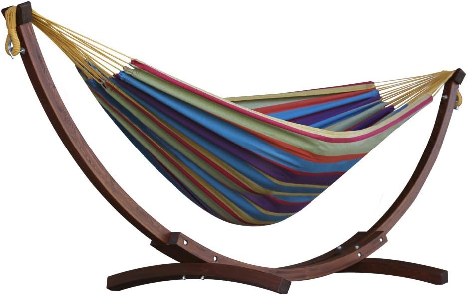 Vivere Double Cotton Hammock with Solid Pine Arc Stand - 450 lb Capacity, Durable FSC Wood Frame, Includes Hardware & User Guide - 450 lb Weight Capacity