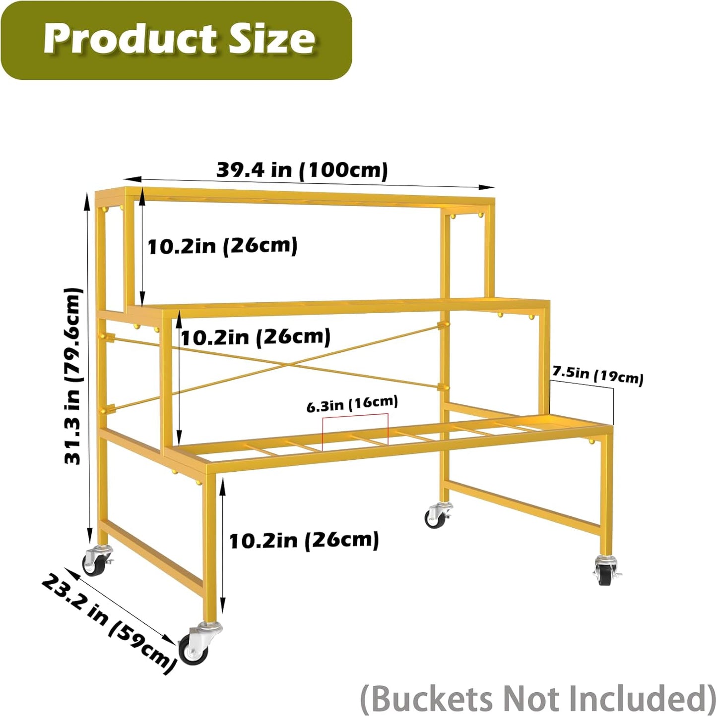 Flower Display Stand, 3 Tier Metal Plant Stand with 12pcs Plastic Flower Buckets, Moving Heavy Duty Flower Cart Flower Rack Indoor,Outdoor Patio,Garden,Living Room,Florist(with 12 black Buckets)