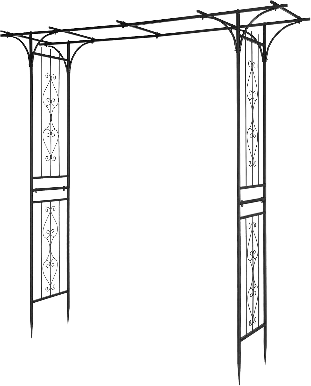 Outvita 7FT Garden Arch Arbor, Heavy Duty Metal Arbour Archway, Decorative Frame Stand Trellis with 7 Inch Ground Stakes for Wedding Ceremony Party Plant Climbing Rose Vines Lawn Courtyard Patio Black