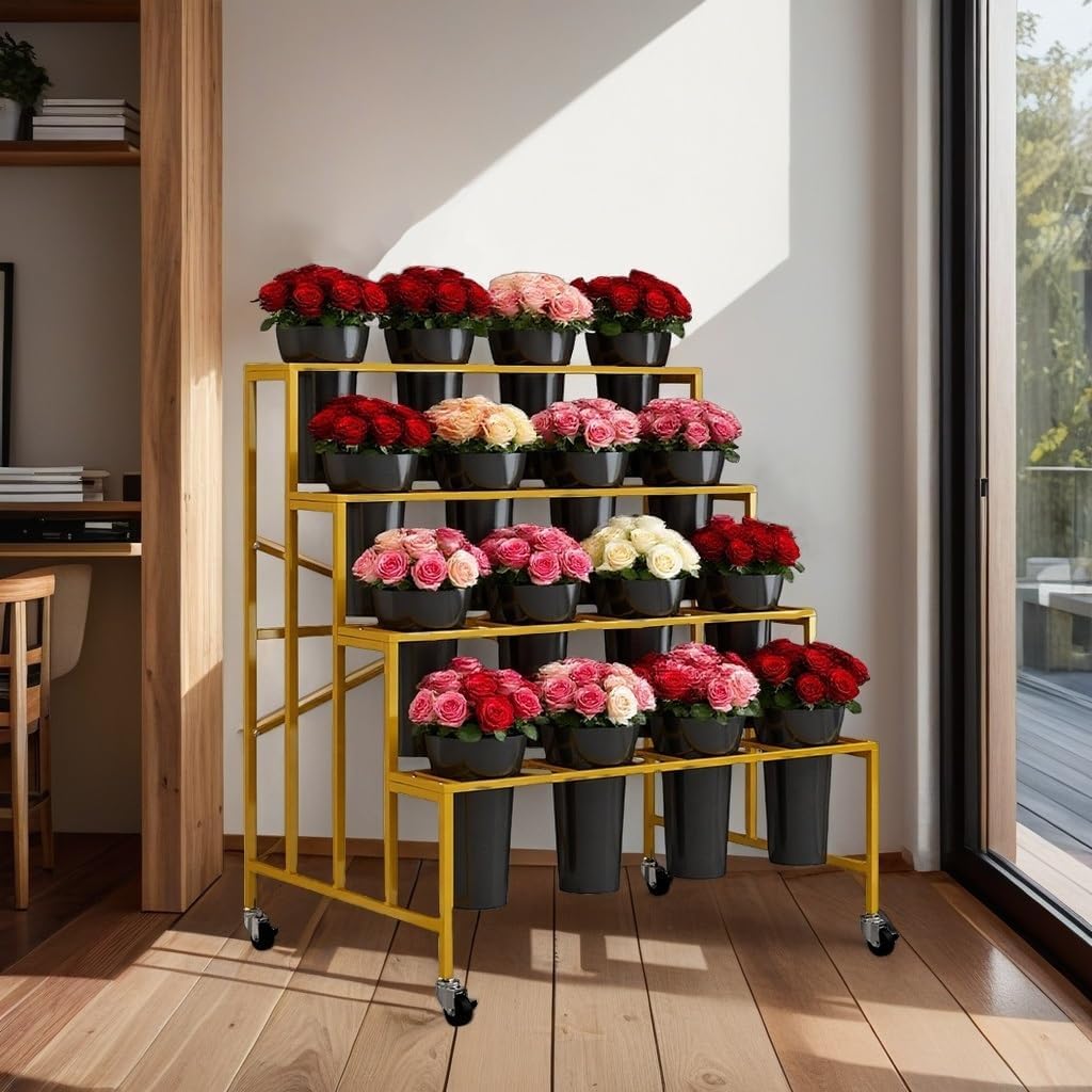 Flower Stand With 16 Buckets, Flower Cart Display Stand With Wheels, 4 Layers Metal Flower Bar For Florist Bouquet Shelf Weddings Party Ceremony Indoor Outdoor Patio Garden(Gold Rack+Black Bucket)