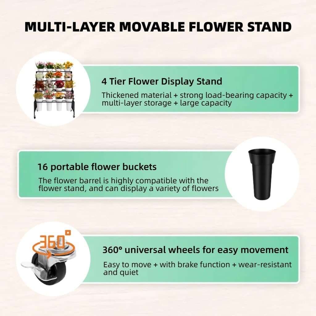 Flower Stand With 16 Buckets, Flower Cart Display Stand With Wheels, 4 Layers Metal Flower Bar For Florist Bouquet Shelf Weddings Party Ceremony Indoor Outdoor Patio Garden(Gold Rack+Black Bucket)