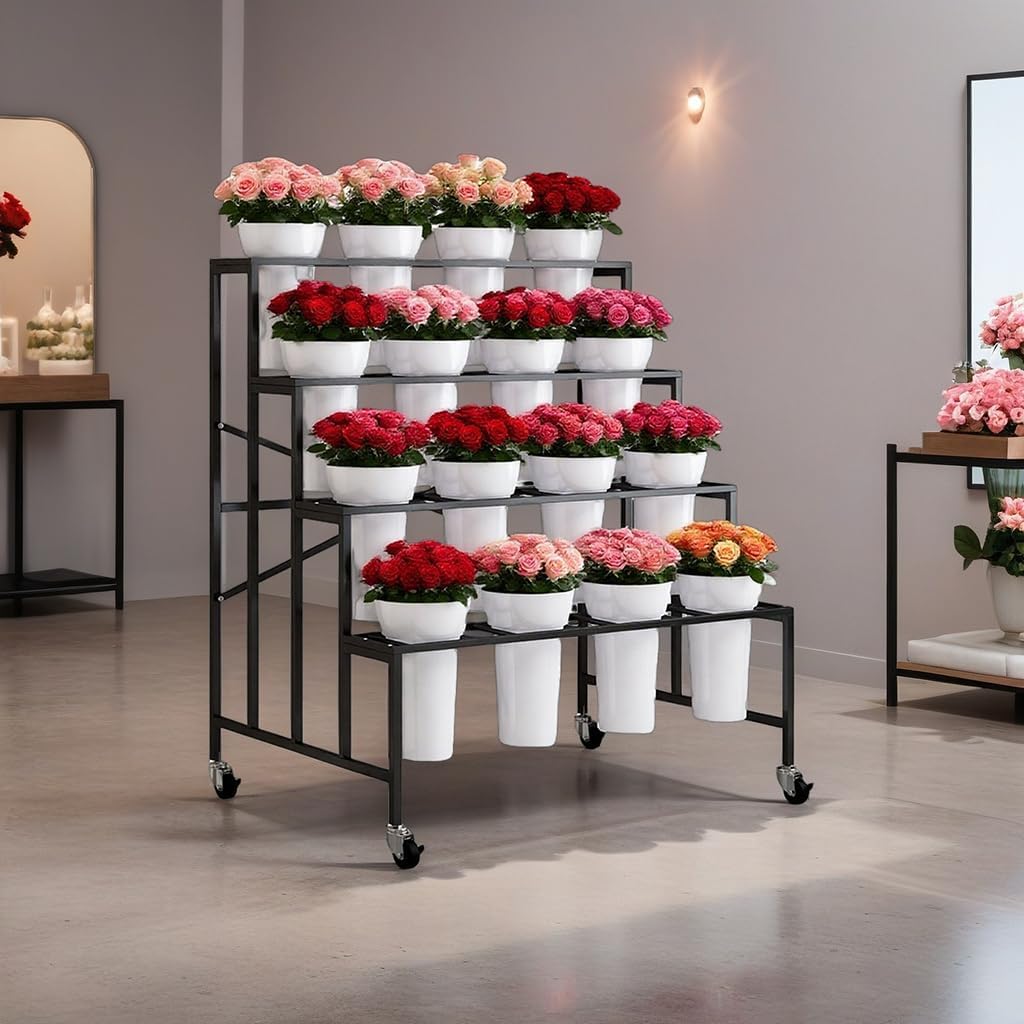 Flower Stand With 16 Buckets, Flower Cart Display Stand With Wheels, 4 Layers Metal Flower Bar For Florist Bouquet Shelf Weddings Party Ceremony Indoor Outdoor Patio Garden(Gold Rack+Black Bucket)