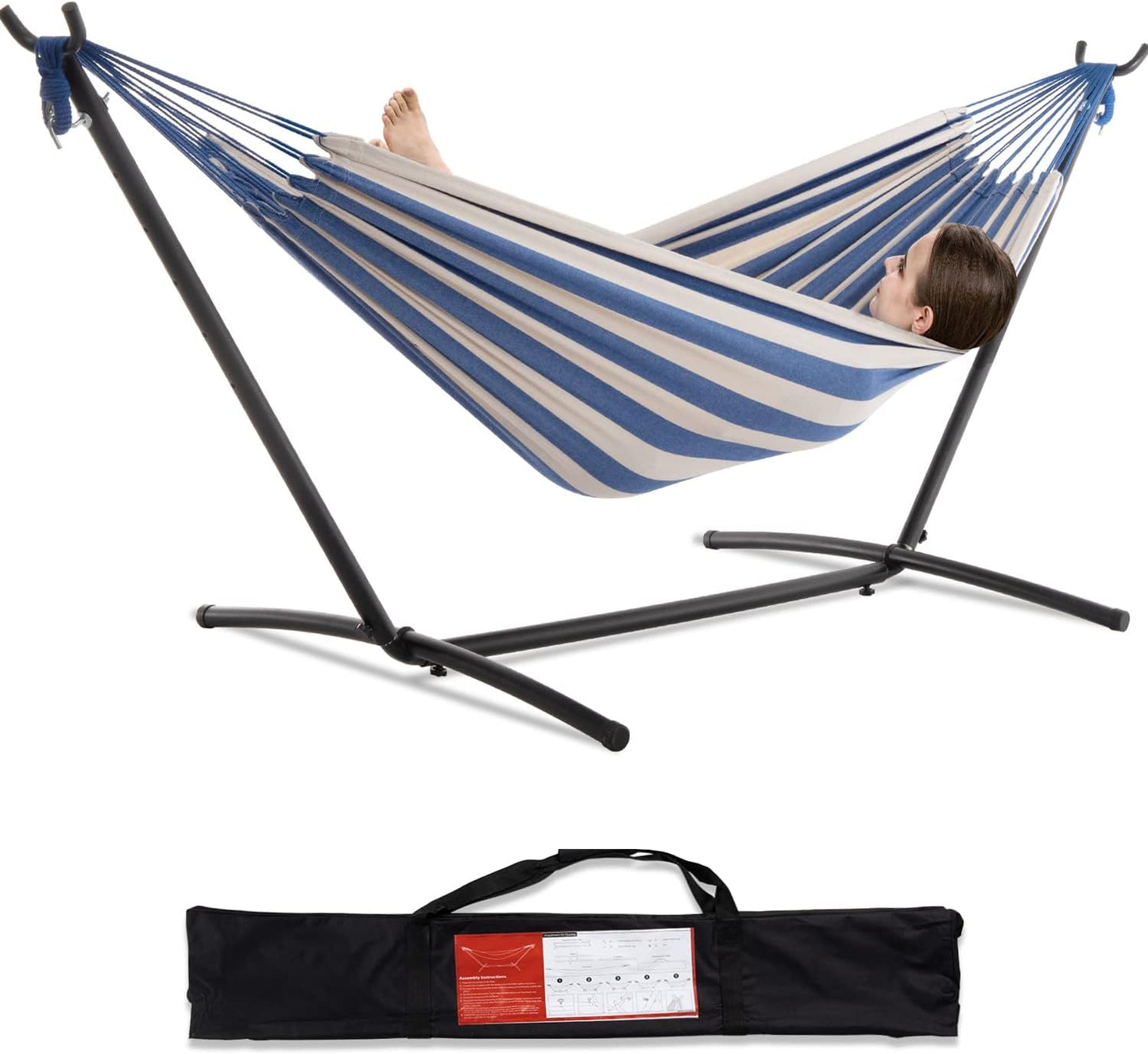 PNAEUT Double Hammocks with Stand for Outside, Portable Space Saving Heavy-Duty Steel Stand for Indoor Outdoor Patio with Carrying Bag, 450 lbs Capacity (Navy)