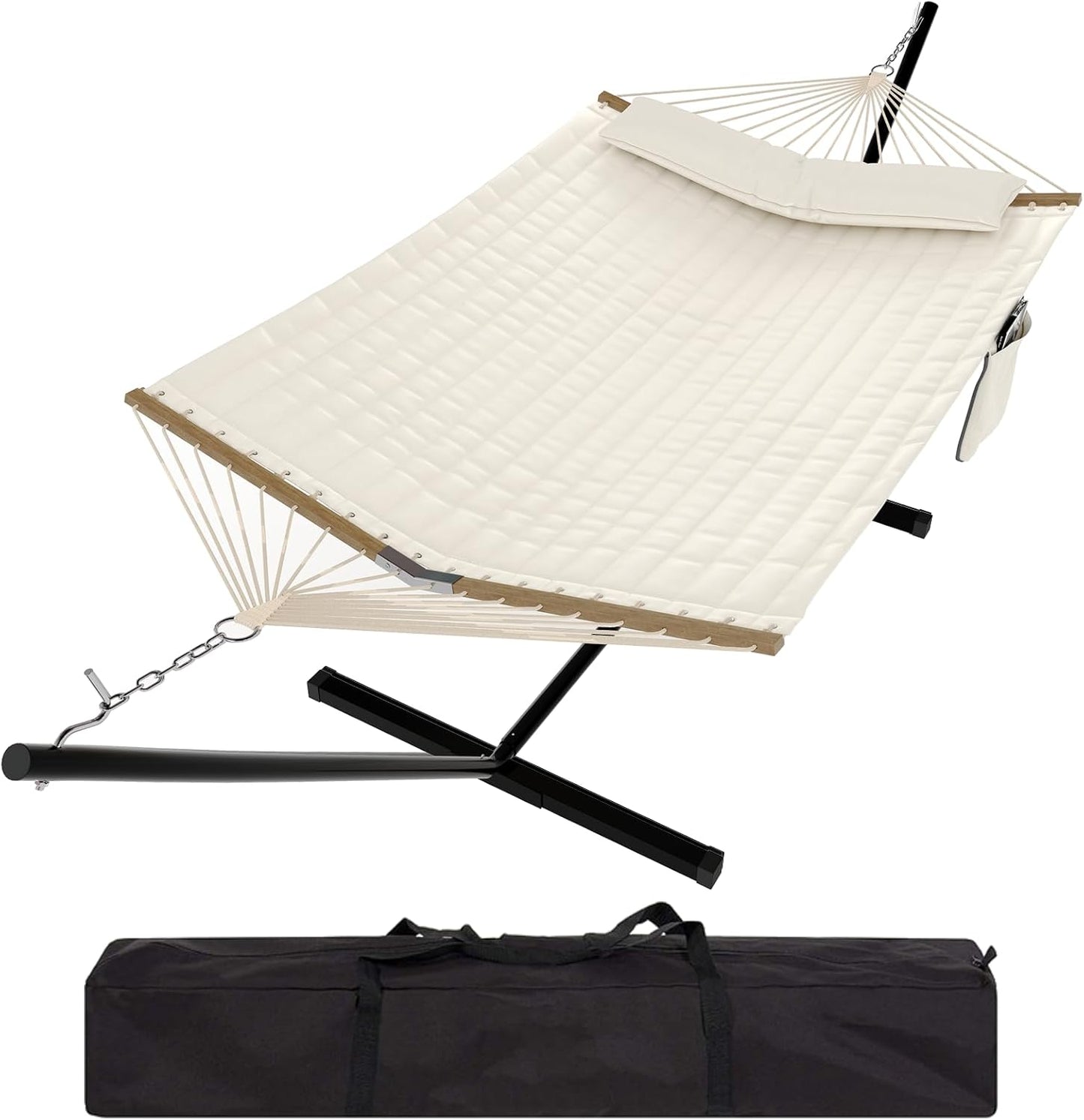 Instant-Setup 2-Person Hammock with Reinforced Steel Frame – Portable Outdoor Lounger for Garden, Camping & Beach (450lb Capacity + Quick-Fold Carry Bag),Blue-Green Stripes