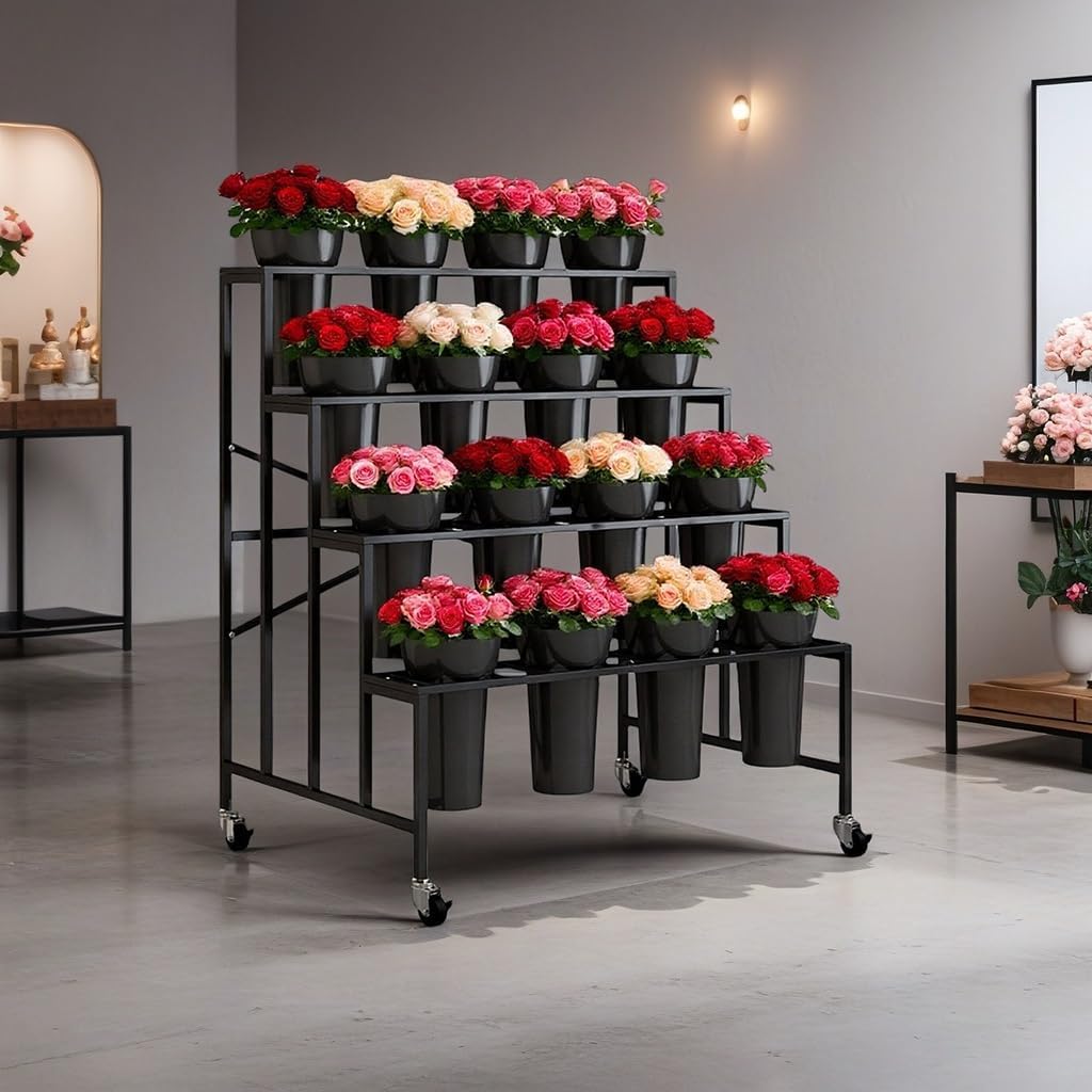 Flower Stand With 16 Buckets, Flower Cart Display Stand With Wheels, 4 Layers Metal Flower Bar For Florist Bouquet Shelf Weddings Party Ceremony Indoor Outdoor Patio Garden(Gold Rack+Black Bucket)