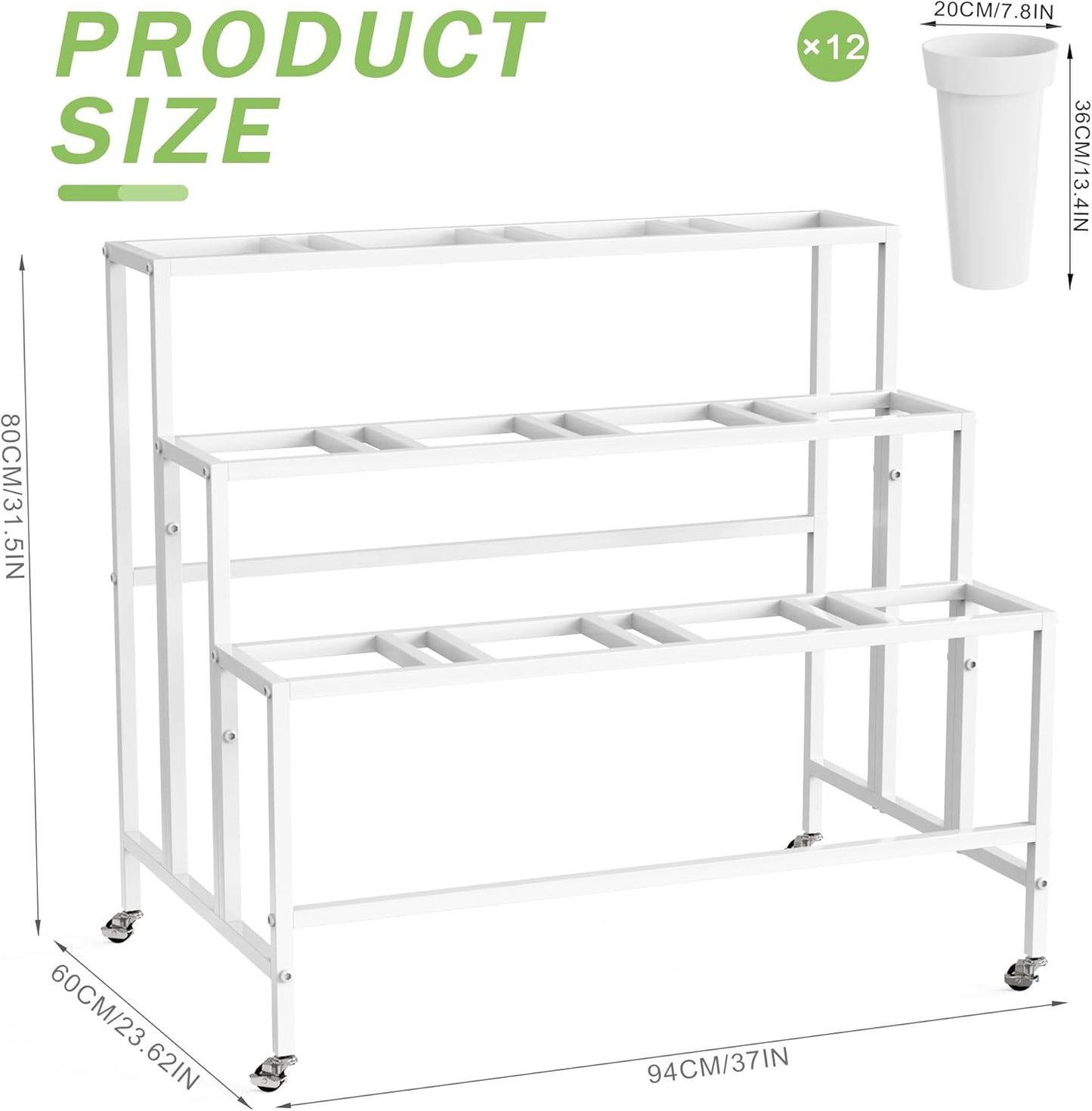 Flower Display Stand with 12 Buckets, Flower Cart White 3 Layers Metal Flowers Bar Stand with Wheels, Moving Florist Bouquet Shelf for Wedding Party Indoor Living Room Outdoor Patio Garden