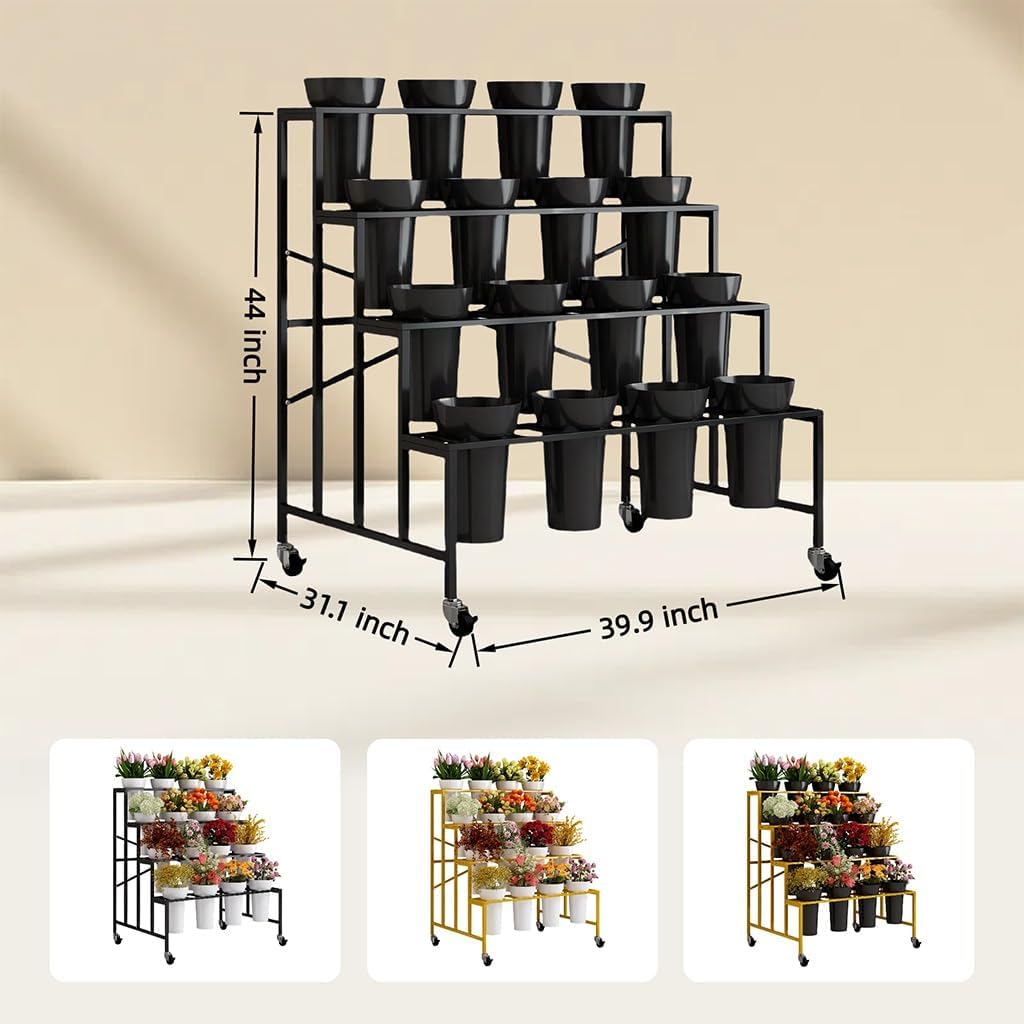 Flower Stand With 16 Buckets, Flower Cart Display Stand With Wheels, 4 Layers Metal Flower Bar For Florist Bouquet Shelf Weddings Party Ceremony Indoor Outdoor Patio Garden(Gold Rack+Black Bucket)
