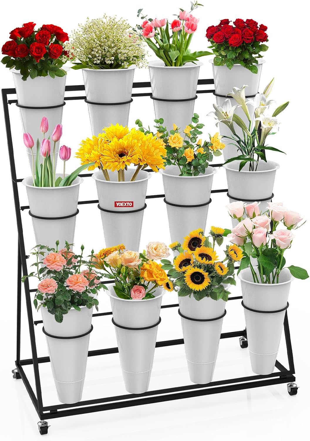 Flower Display Stand 4 Layers with 16 PCS Round Buckets, Plant Stand with Wheels, Movable Metal Plant Stand for Terrace Garden, Florist Shop