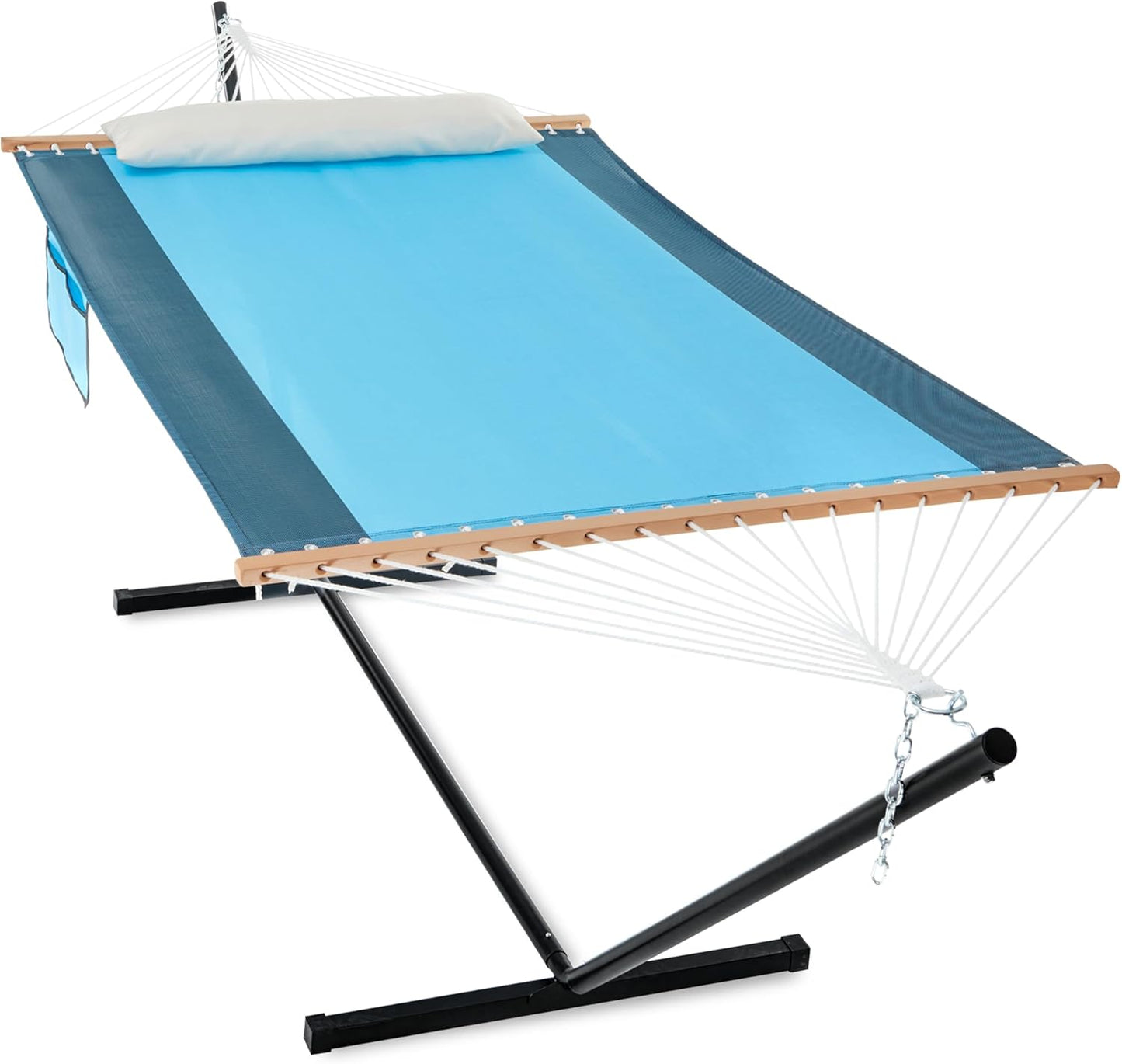 Waterproof Double Hammock with Stand for Outside Heavy Duty, 2 Person 55'' Large Quick Dry Textilene Hammocks with Hardwood Spreader Bar, Pillow, Pockets, for Outdoor, 475lbs Capacity (Coffee)