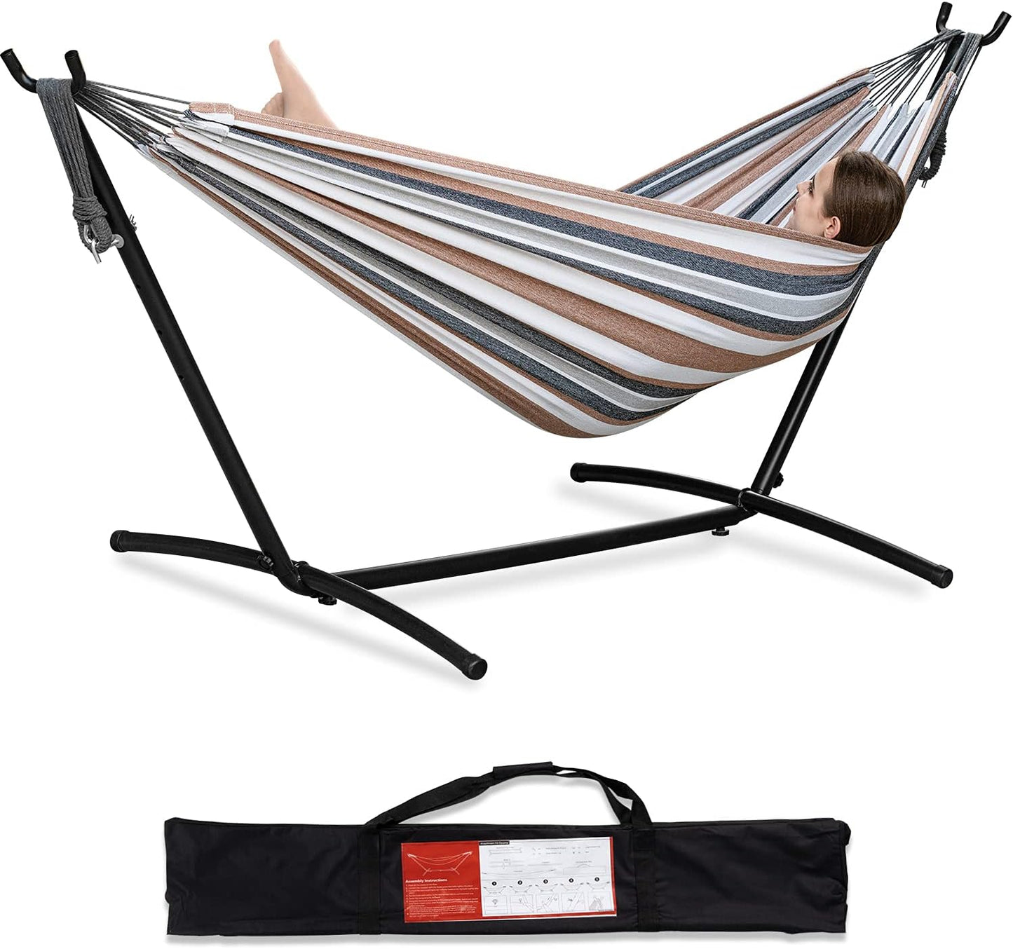 PNAEUT Double Hammocks with Stand for Outside, Portable Space Saving Heavy-Duty Steel Stand for Indoor Outdoor Patio with Carrying Bag, 450 lbs Capacity (Navy)