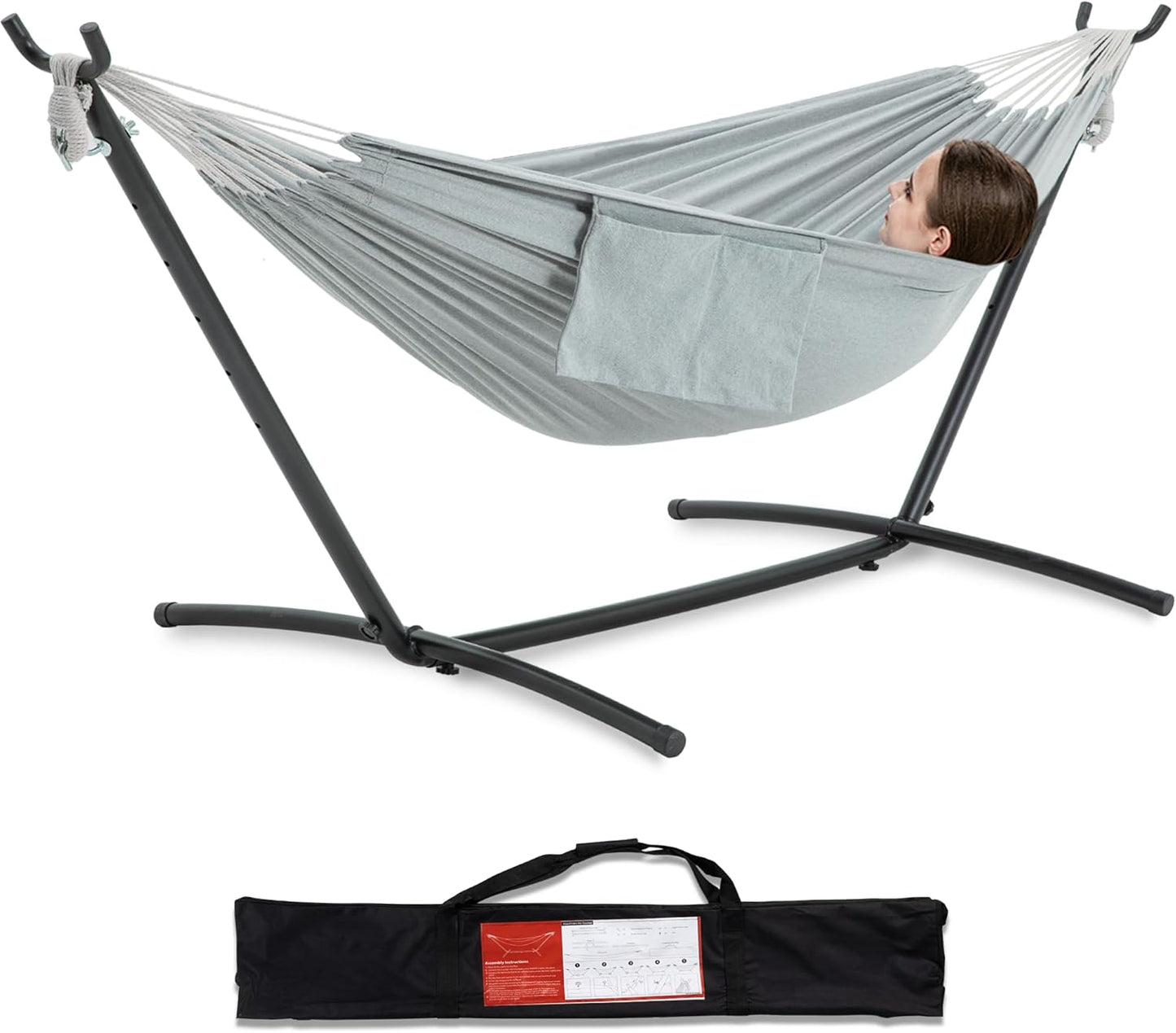 PNAEUT Double Hammocks with Stand for Outside, Portable Space Saving Heavy-Duty Steel Stand for Indoor Outdoor Patio with Carrying Bag, 450 lbs Capacity (Navy)