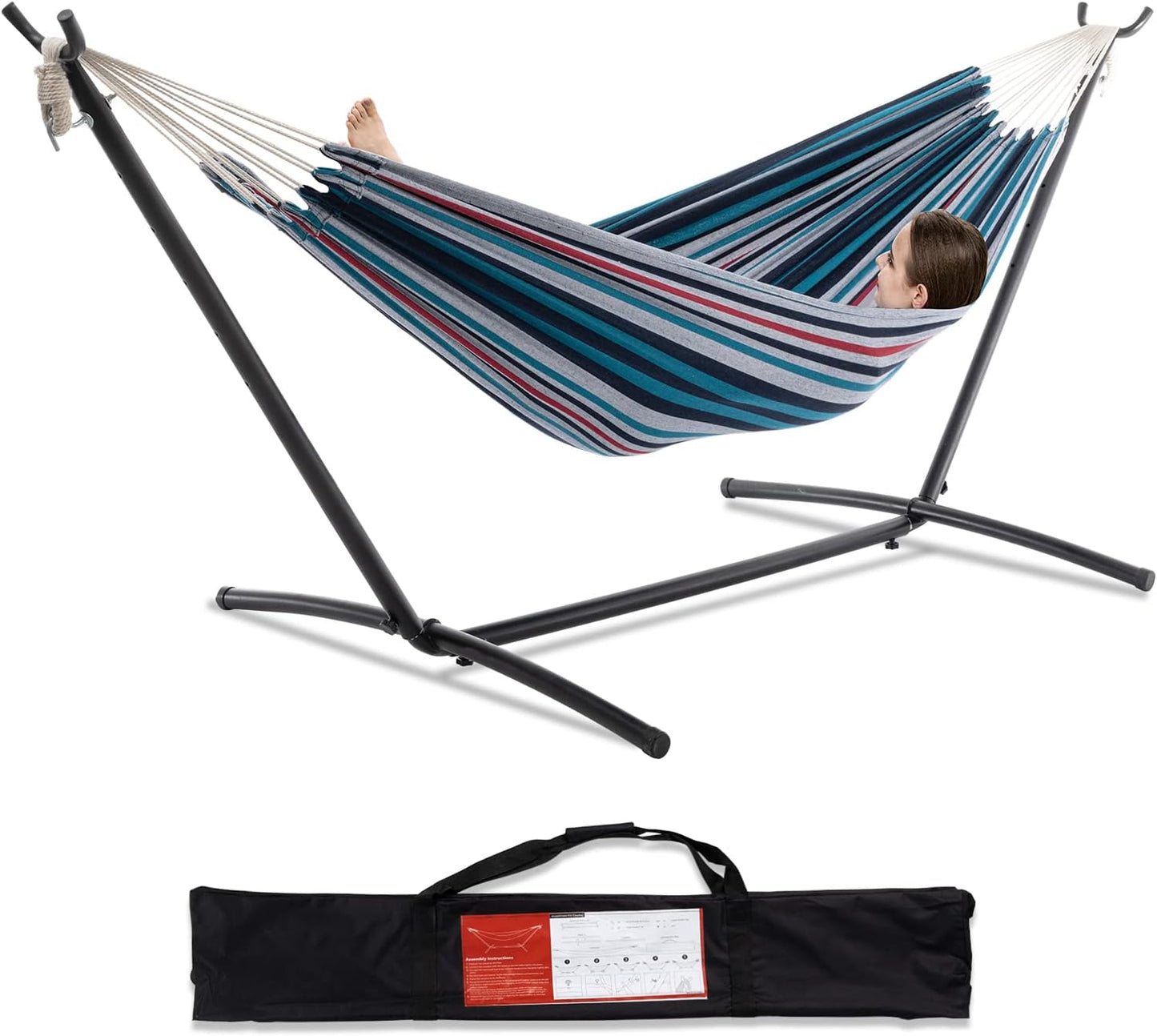 PNAEUT Double Hammocks with Stand for Outside, Portable Space Saving Heavy-Duty Steel Stand for Indoor Outdoor Patio with Carrying Bag, 450 lbs Capacity (Navy)