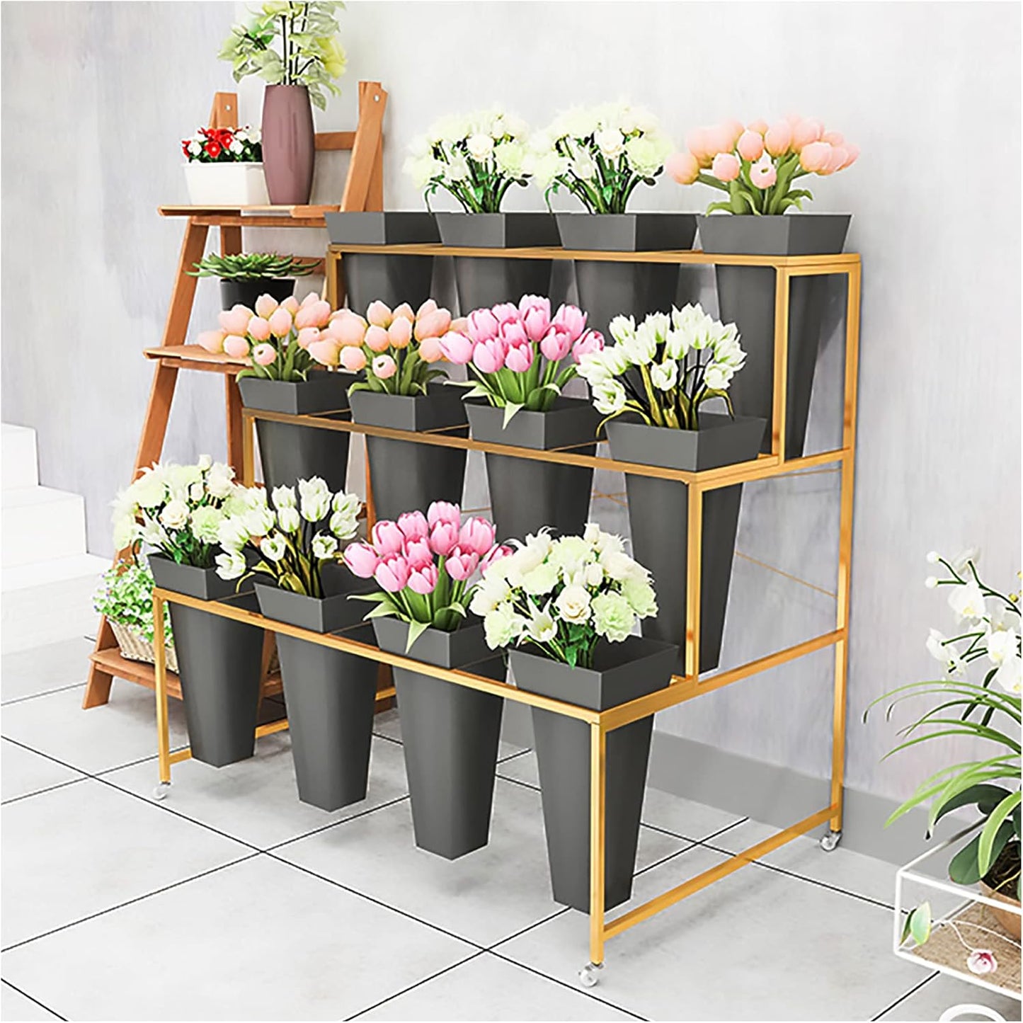 Flower Display Stand With 12PCS Buckets, 3 Layers Metal Plant Stand with Wheels, Heavy Duty Moving Plant Cart Shelf, for Indoor, Outdoor Patio Garden, Living Room, Florist (White - Square Bucket)