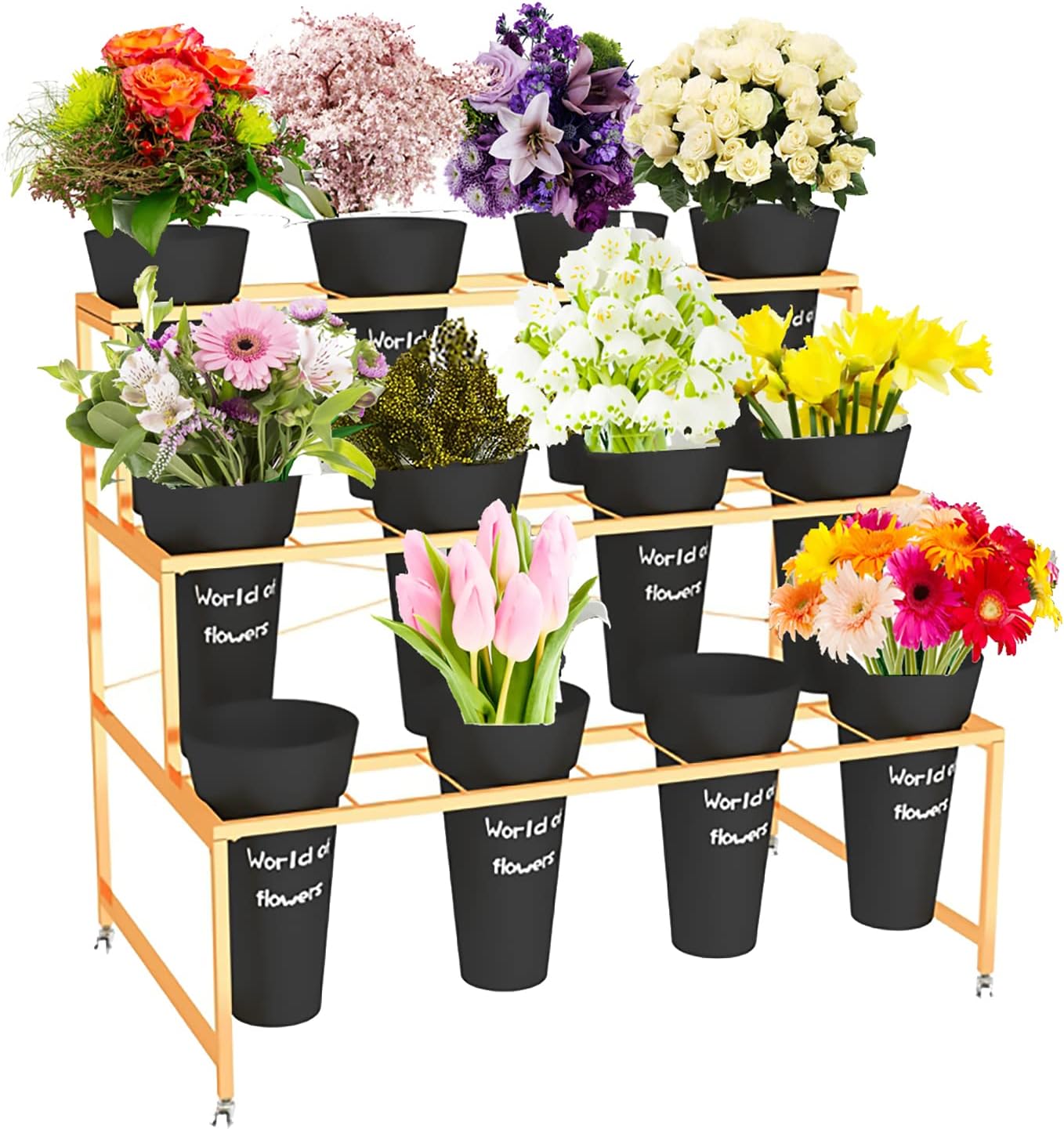 Flower Display Stand With 12PCS Buckets, 3 Layers Metal Plant Stand with Wheels, Heavy Duty Moving Plant Cart Shelf, for Indoor, Outdoor Patio Garden, Living Room, Florist (White - Square Bucket)