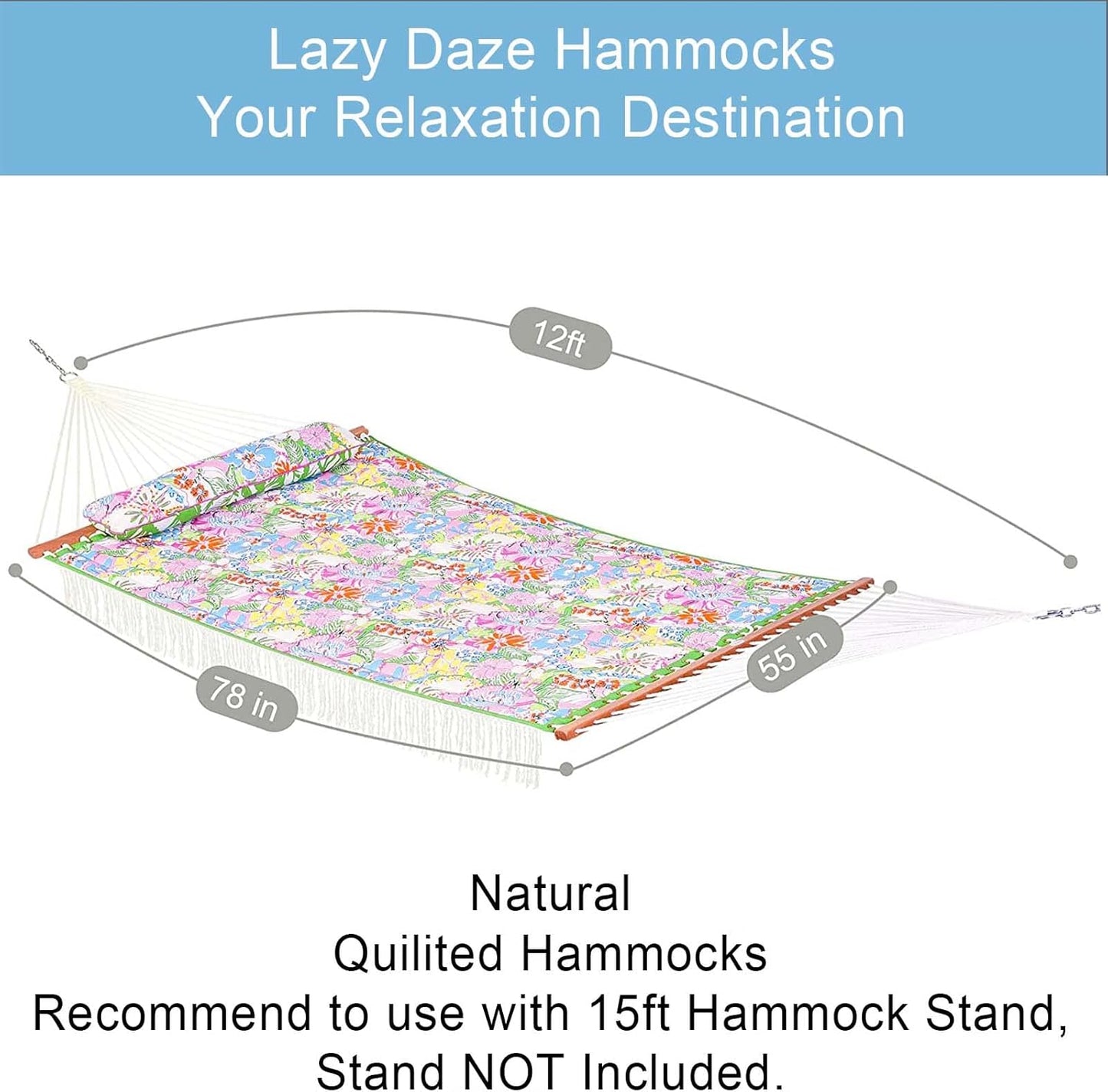 Lazy Daze Hammocks 12 FT Double Layered Quilted Fabric Hammock Swing with Pillow and Carrying Bag, Elegant Tassels and Spread Bar Heavy Duty Stylish for Two Person, Floral