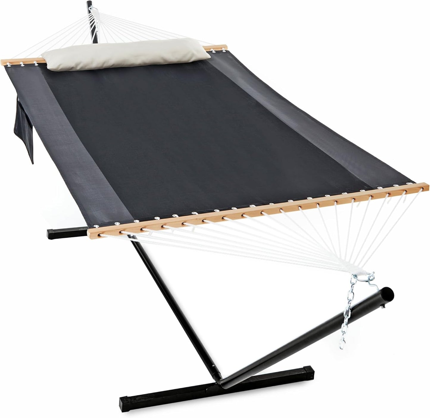 Waterproof Double Hammock with Stand for Outside Heavy Duty, 2 Person 55'' Large Quick Dry Textilene Hammocks with Hardwood Spreader Bar, Pillow, Pockets, for Outdoor, 475lbs Capacity (Coffee)