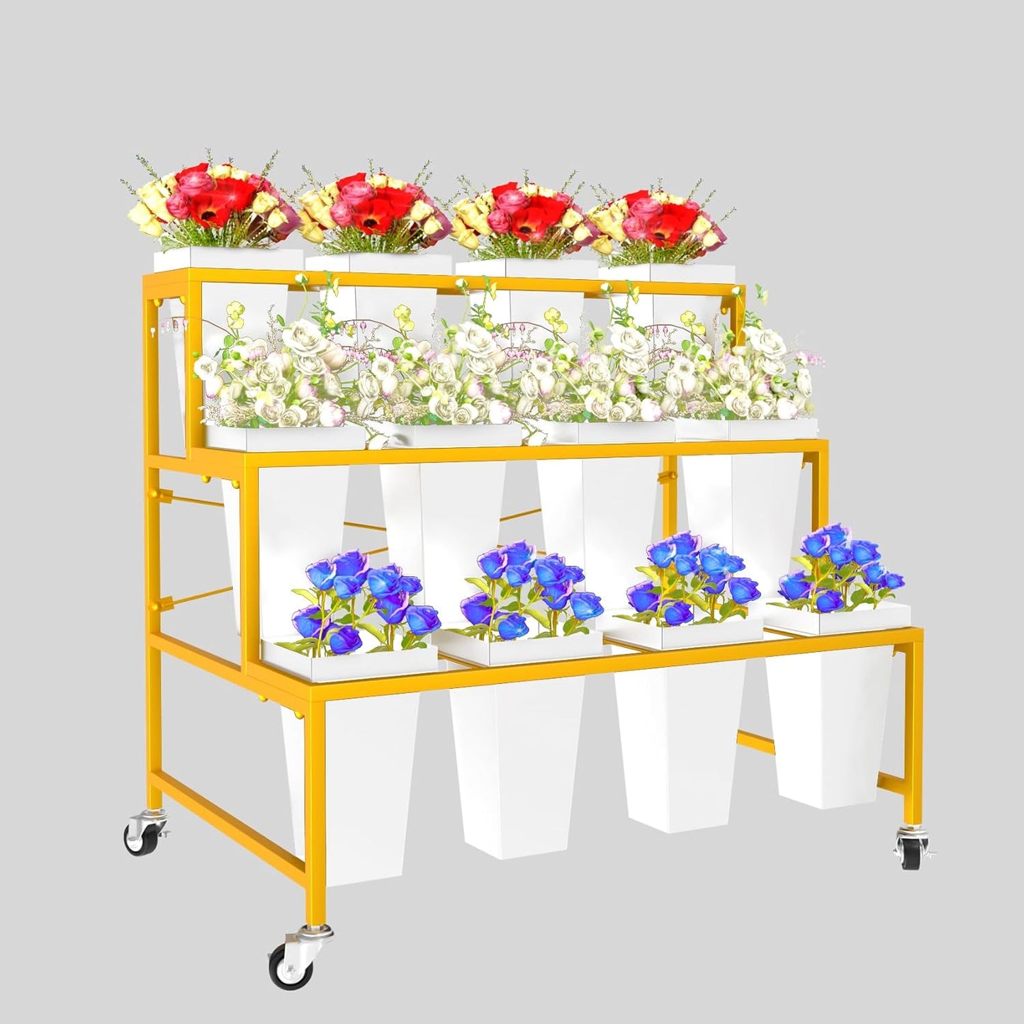 Flower Display Stand, 3 Tier Metal Plant Stand with 12pcs Plastic Flower Buckets, Moving Heavy Duty Flower Cart Flower Rack Indoor,Outdoor Patio,Garden,Living Room,Florist(with 12 black Buckets)