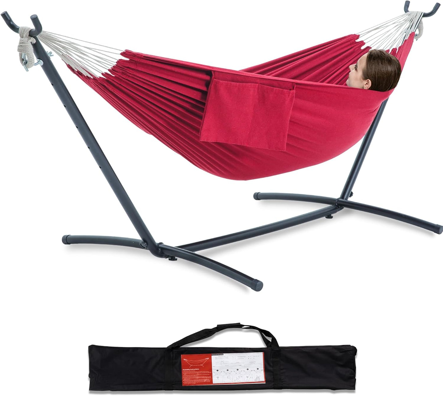 PNAEUT Double Hammocks with Stand for Outside, Portable Space Saving Heavy-Duty Steel Stand for Indoor Outdoor Patio with Carrying Bag, 450 lbs Capacity (Navy)