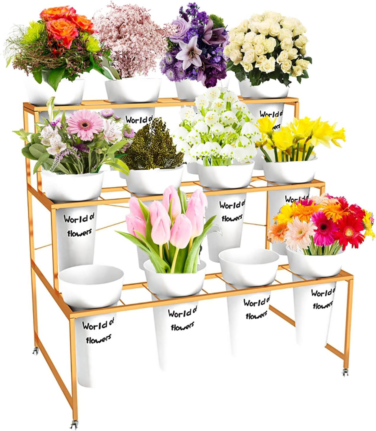 Flower Display Stand With 12PCS Buckets, 3 Layers Metal Plant Stand with Wheels, Heavy Duty Moving Plant Cart Shelf, for Indoor, Outdoor Patio Garden, Living Room, Florist (White - Square Bucket)