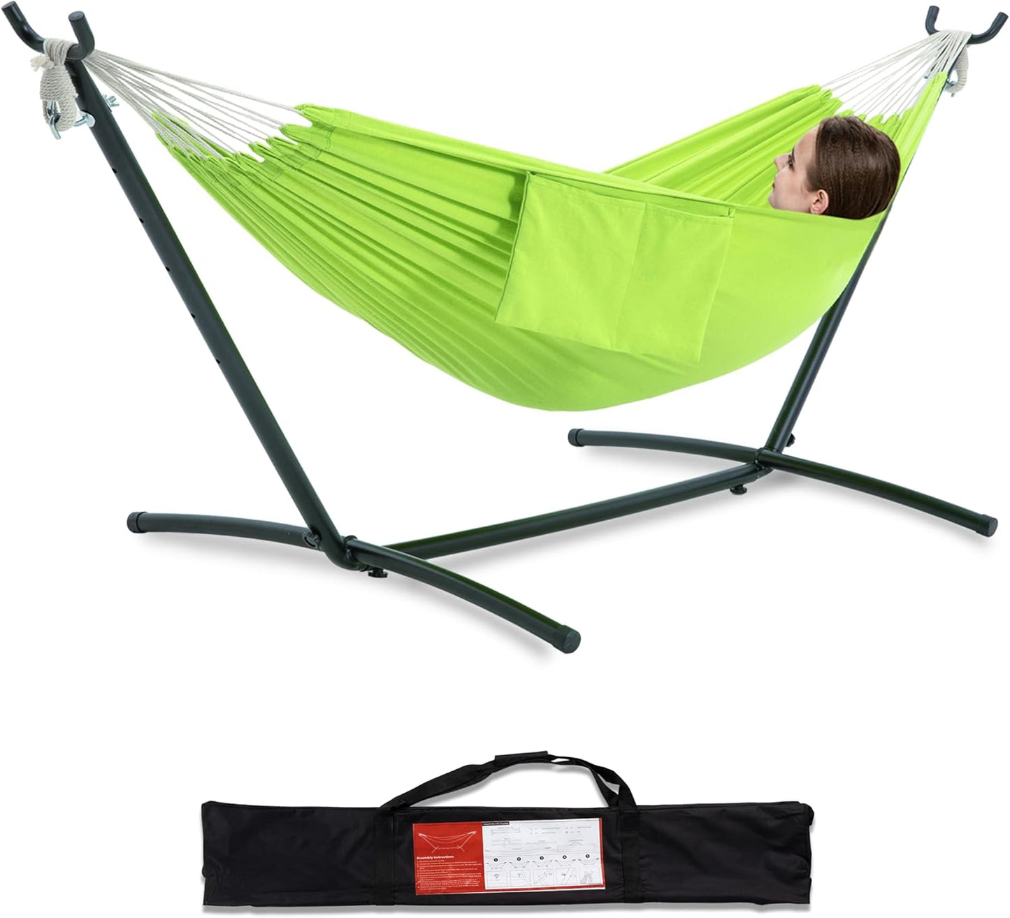 PNAEUT Double Hammocks with Stand for Outside, Portable Space Saving Heavy-Duty Steel Stand for Indoor Outdoor Patio with Carrying Bag, 450 lbs Capacity (Navy)