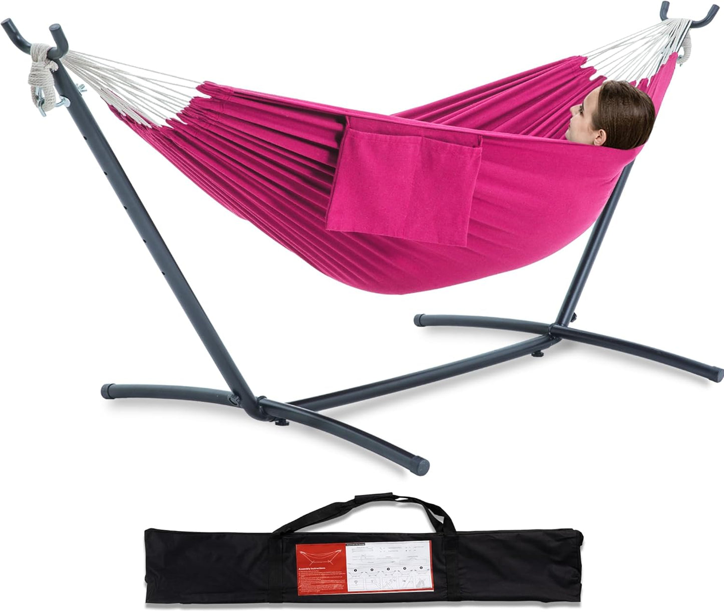 PNAEUT Double Hammocks with Stand for Outside, Portable Space Saving Heavy-Duty Steel Stand for Indoor Outdoor Patio with Carrying Bag, 450 lbs Capacity (Navy)