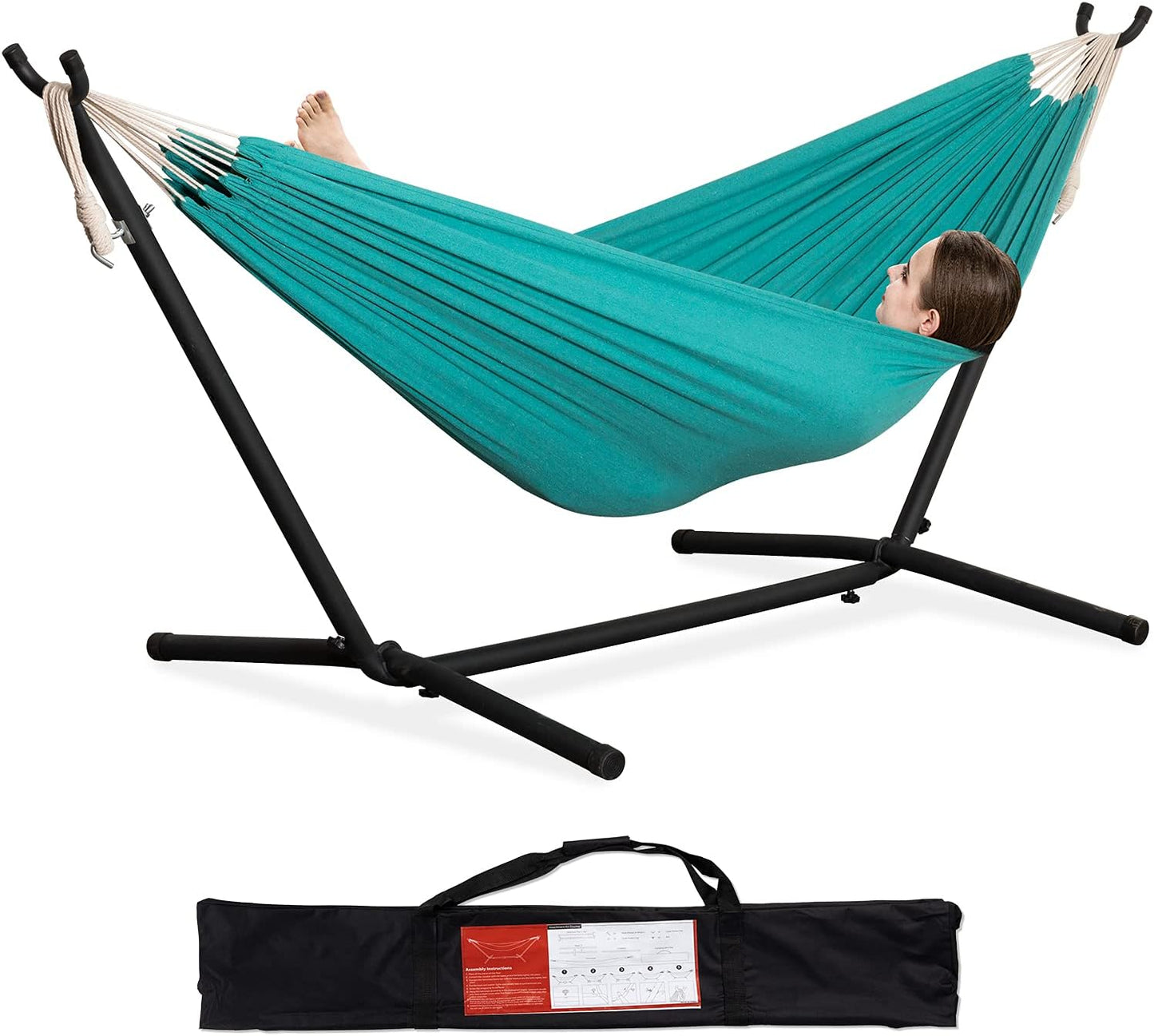 PNAEUT Double Hammocks with Stand for Outside, Portable Space Saving Heavy-Duty Steel Stand for Indoor Outdoor Patio with Carrying Bag, 450 lbs Capacity (Navy)