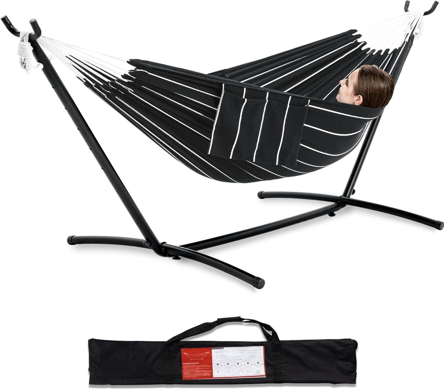 PNAEUT Double Hammocks with Stand for Outside, Portable Space Saving Heavy-Duty Steel Stand for Indoor Outdoor Patio with Carrying Bag, 450 lbs Capacity (Navy)