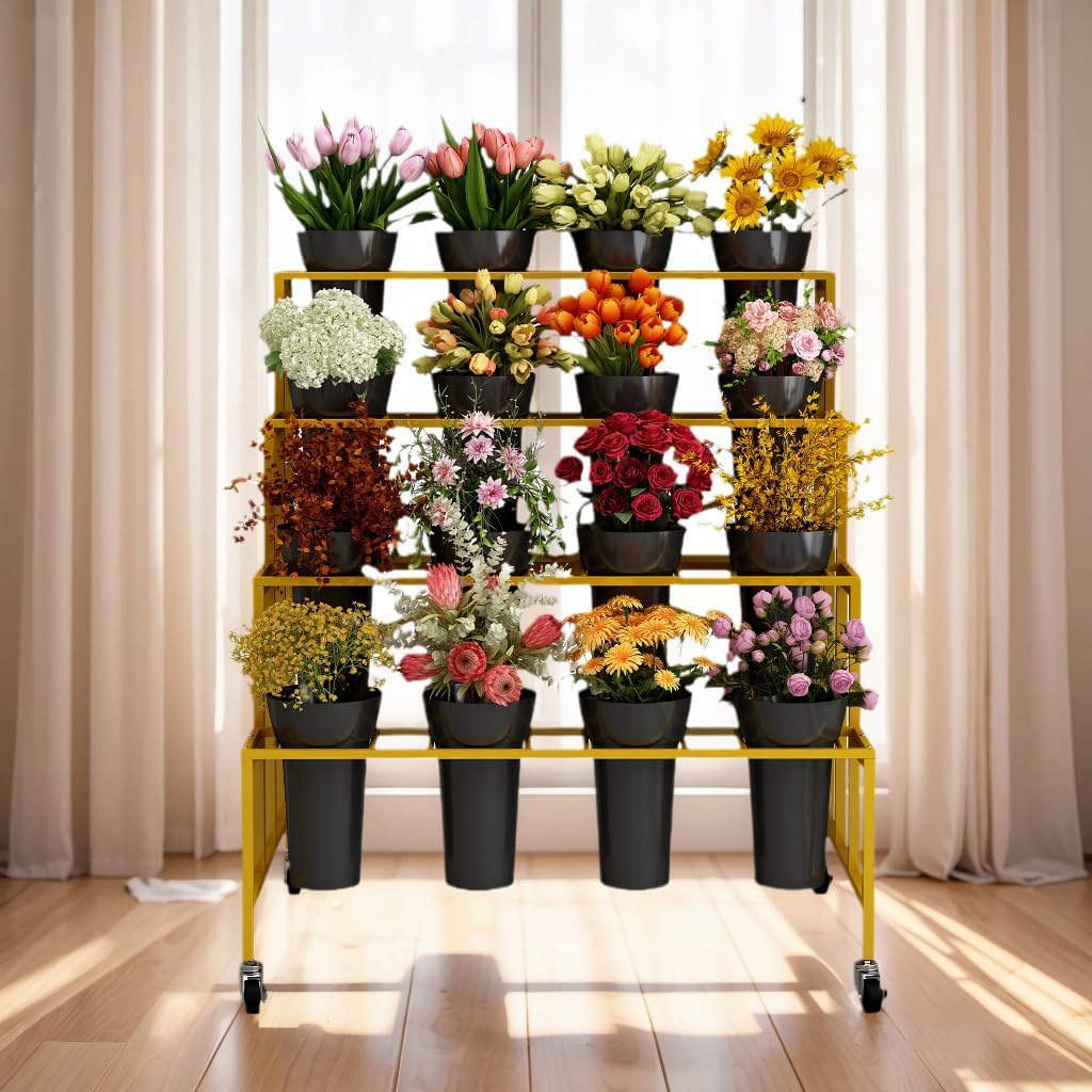 Flower Stand With 16 Buckets, Flower Cart Display Stand With Wheels, 4 Layers Metal Flower Bar For Florist Bouquet Shelf Weddings Party Ceremony Indoor Outdoor Patio Garden(Gold Rack+Black Bucket)