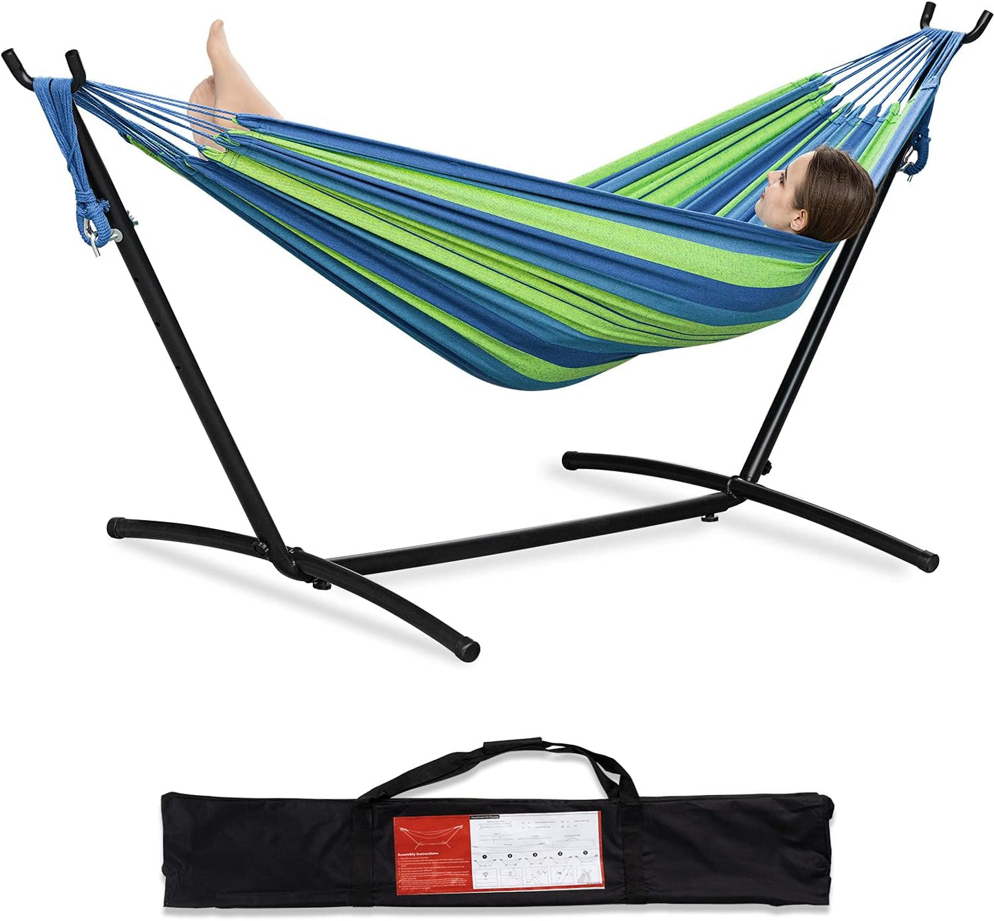 PNAEUT Double Hammocks with Stand for Outside, Portable Space Saving Heavy-Duty Steel Stand for Indoor Outdoor Patio with Carrying Bag, 450 lbs Capacity (Navy)
