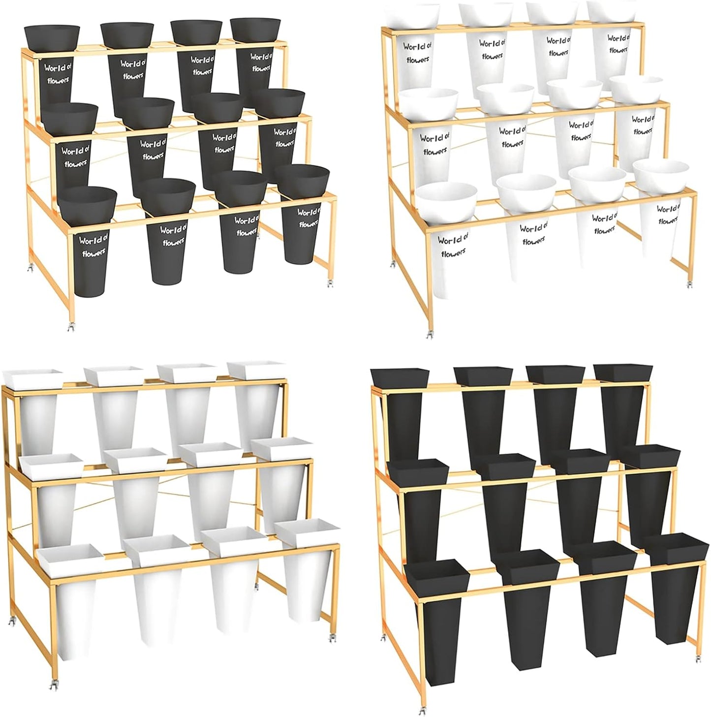 Flower Display Stand With 12PCS Buckets, 3 Layers Metal Plant Stand with Wheels, Heavy Duty Moving Plant Cart Shelf, for Indoor, Outdoor Patio Garden, Living Room, Florist (White - Square Bucket)