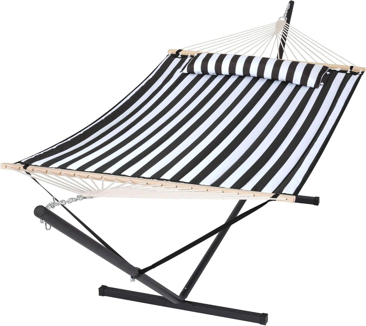 SUNCREAT 55 Inch Extra Large Double Hammock with Stand, 475lbs Capacity, Outdoor Portable Hammock with Hardwood Spreader Bar, Extra Large Pillow, Grey