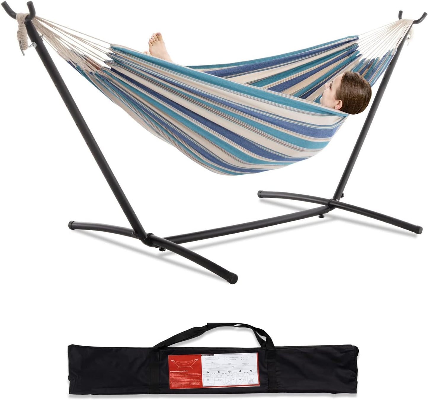PNAEUT Double Hammocks with Stand for Outside, Portable Space Saving Heavy-Duty Steel Stand for Indoor Outdoor Patio with Carrying Bag, 450 lbs Capacity (Navy)