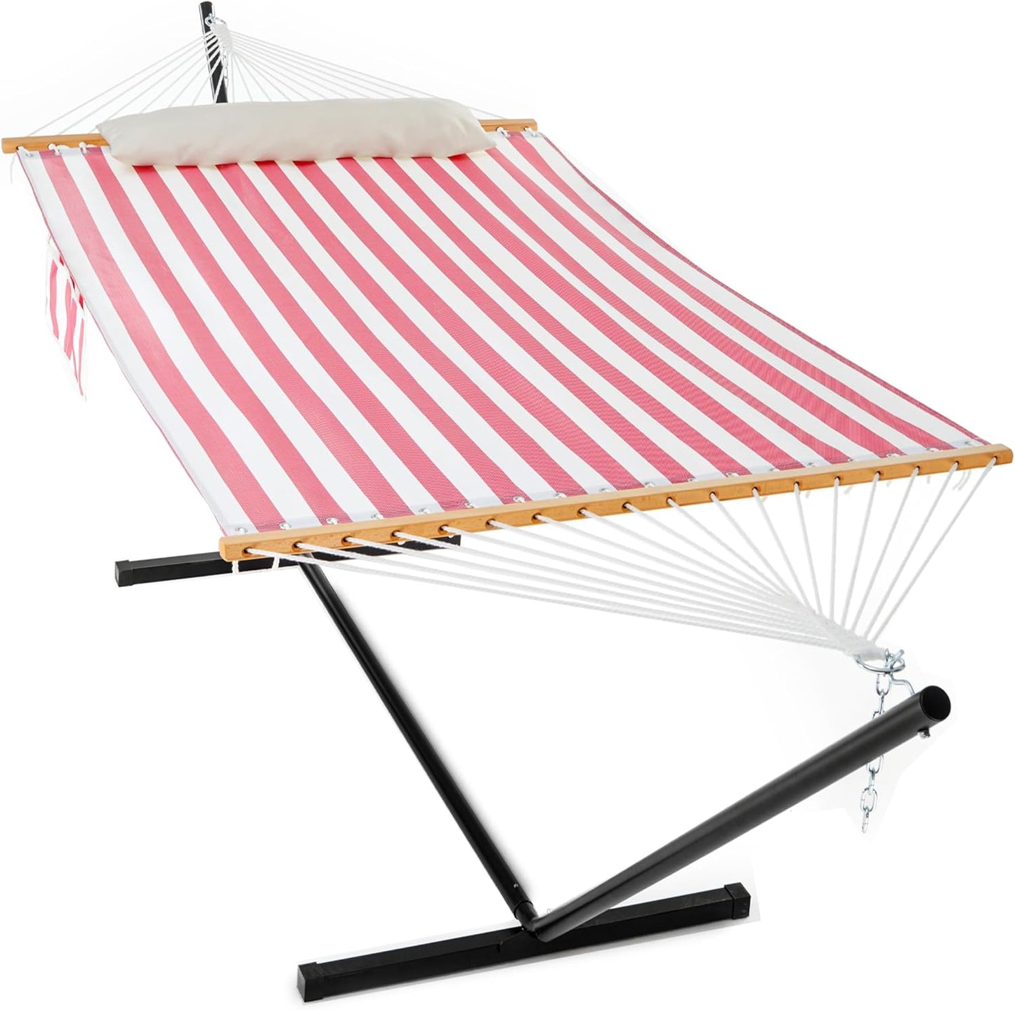Waterproof Double Hammock with Stand for Outside Heavy Duty, 2 Person 55'' Large Quick Dry Textilene Hammocks with Hardwood Spreader Bar, Pillow, Pockets, for Outdoor, 475lbs Capacity (Coffee)