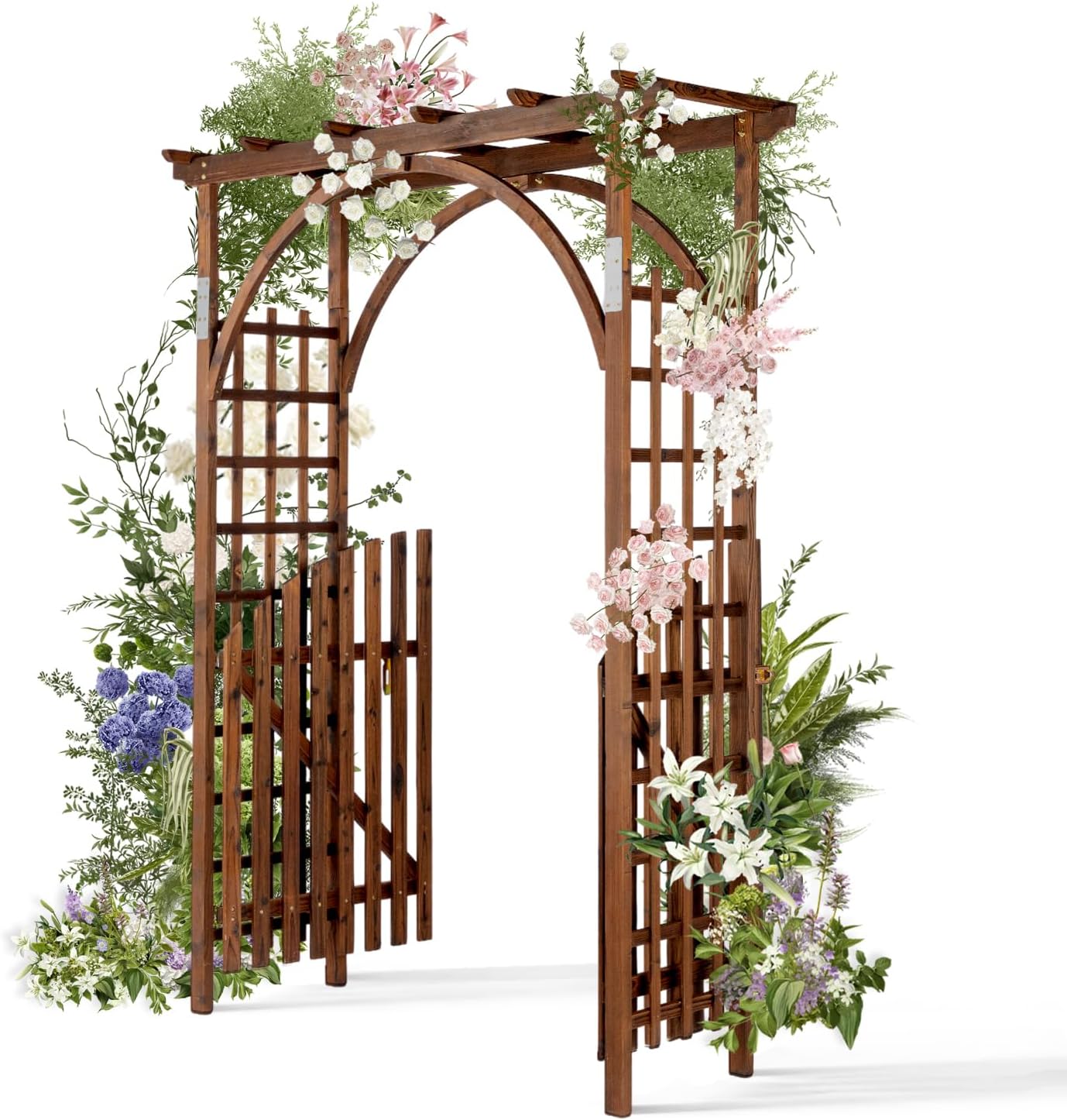 VINGLI 85in Wooden Arbor Garden Arch, Wedding Arch for Ceremony, Wood Trellis for Plant Climbing, Christmas Decor Pergola for Garden Backyard, Lawn (Brown)