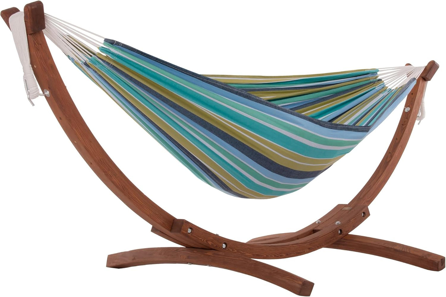 Vivere Double Cotton Hammock with Solid Pine Arc Stand - 450 lb Capacity, Durable FSC Wood Frame, Includes Hardware & User Guide - 450 lb Weight Capacity