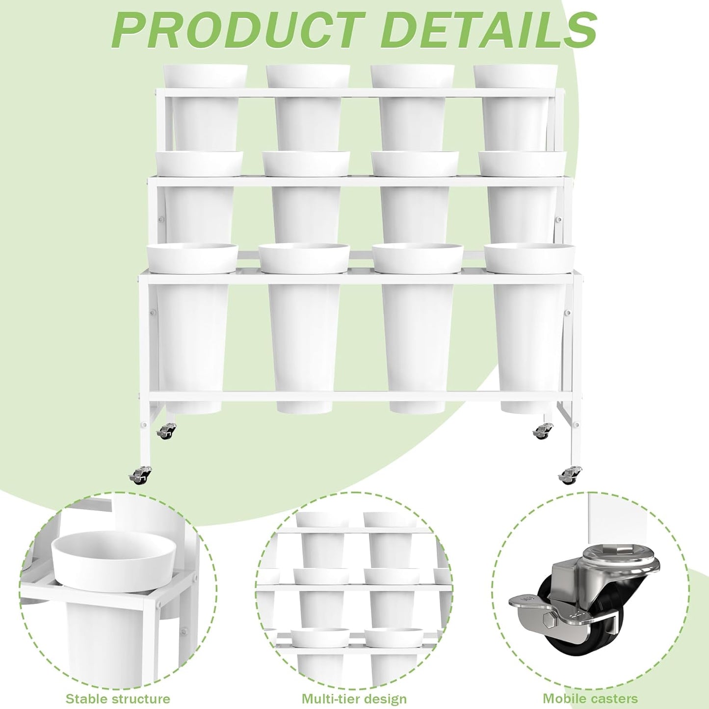 Flower Display Stand with 12 Buckets, Flower Cart White 3 Layers Metal Flowers Bar Stand with Wheels, Moving Florist Bouquet Shelf for Wedding Party Indoor Living Room Outdoor Patio Garden