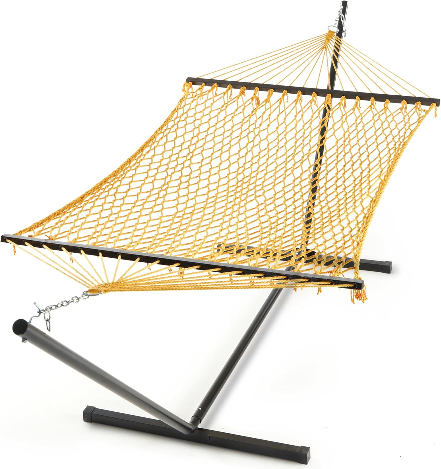 PNAEUT Double Rope Hammock with Stand Included, 12ft Heavy Duty Stand, 2 Person Traditional Cotton Rope Hammocks with Pillow for Outside Porch Patio Backyard Outdoor, Max 475lbs Capacity (Burlywood)