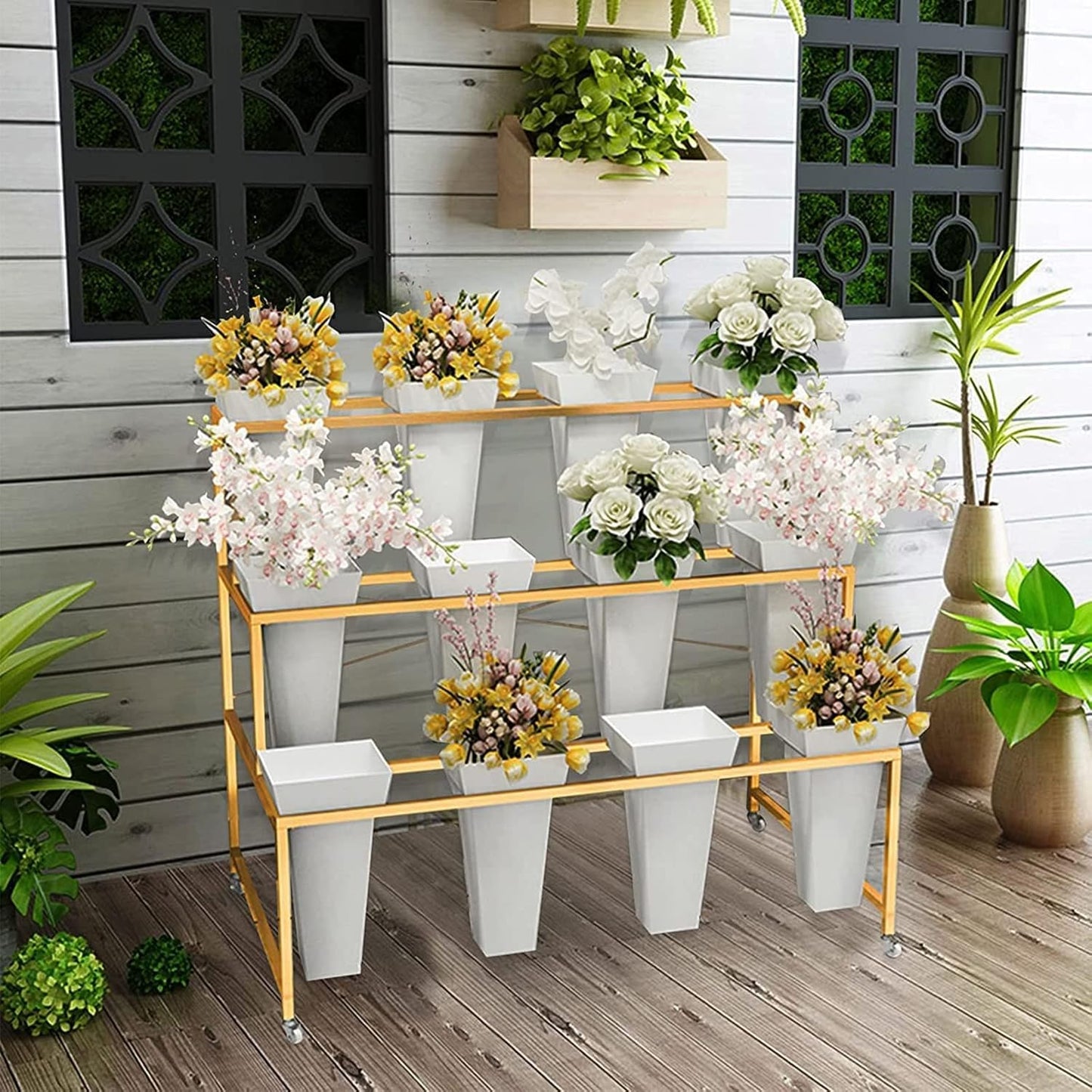 Flower Display Stand With 12PCS Buckets, 3 Layers Metal Plant Stand with Wheels, Heavy Duty Moving Plant Cart Shelf, for Indoor, Outdoor Patio Garden, Living Room, Florist (White - Square Bucket)