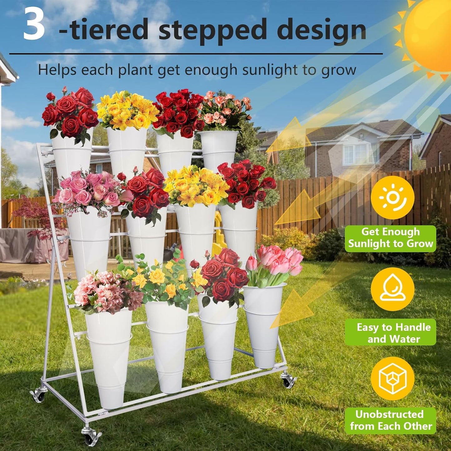Flower Display Stand with 12 Buckets, 3 Layers Cart Display Stand with Wheels, Sturdy White Moving Florist Bouquet Shelf for Patio Garden Flower Shop, with Lockable Swivel Wheels