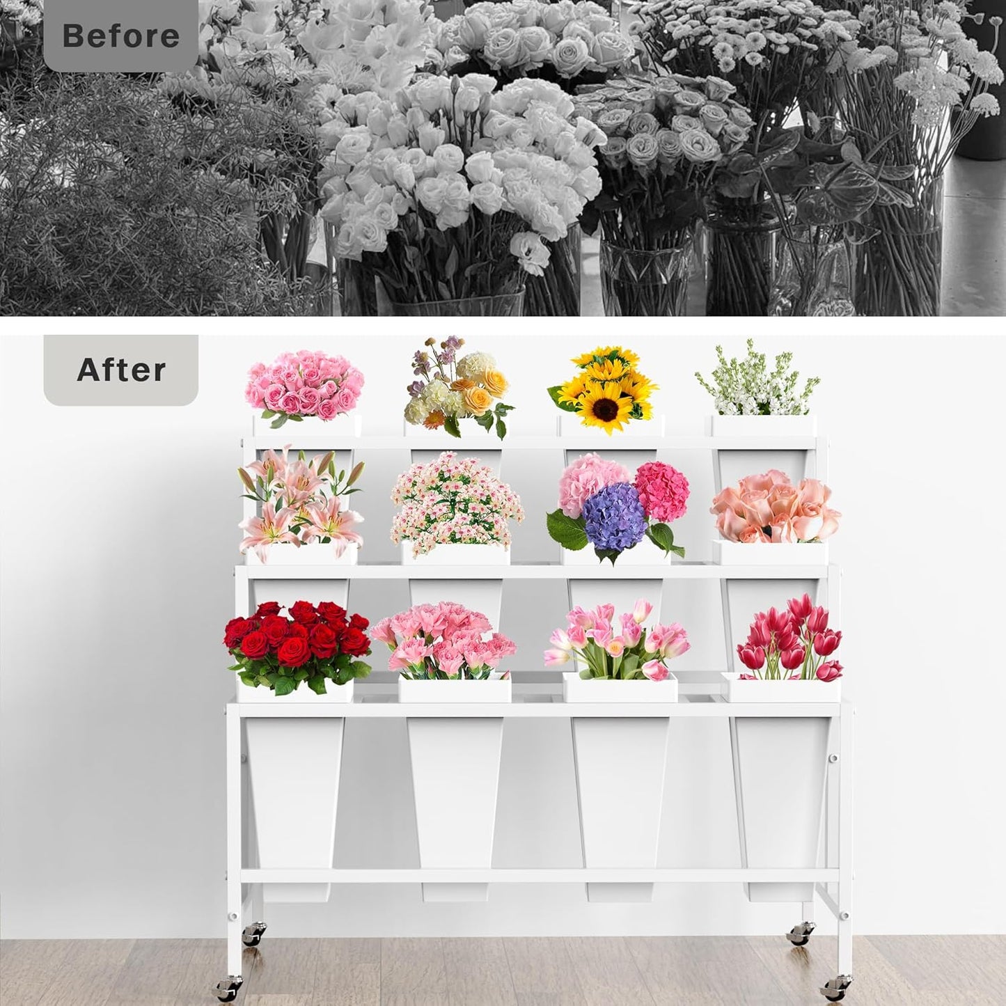 Flower Display Stand with 12 Buckets, 3 Layers Flower Cart White Metal Flower Bar Stand with Wheels, Moving Florist Bouquet Shelf for Indoor Outdoor Patio Garden Weddings Florist Living Room