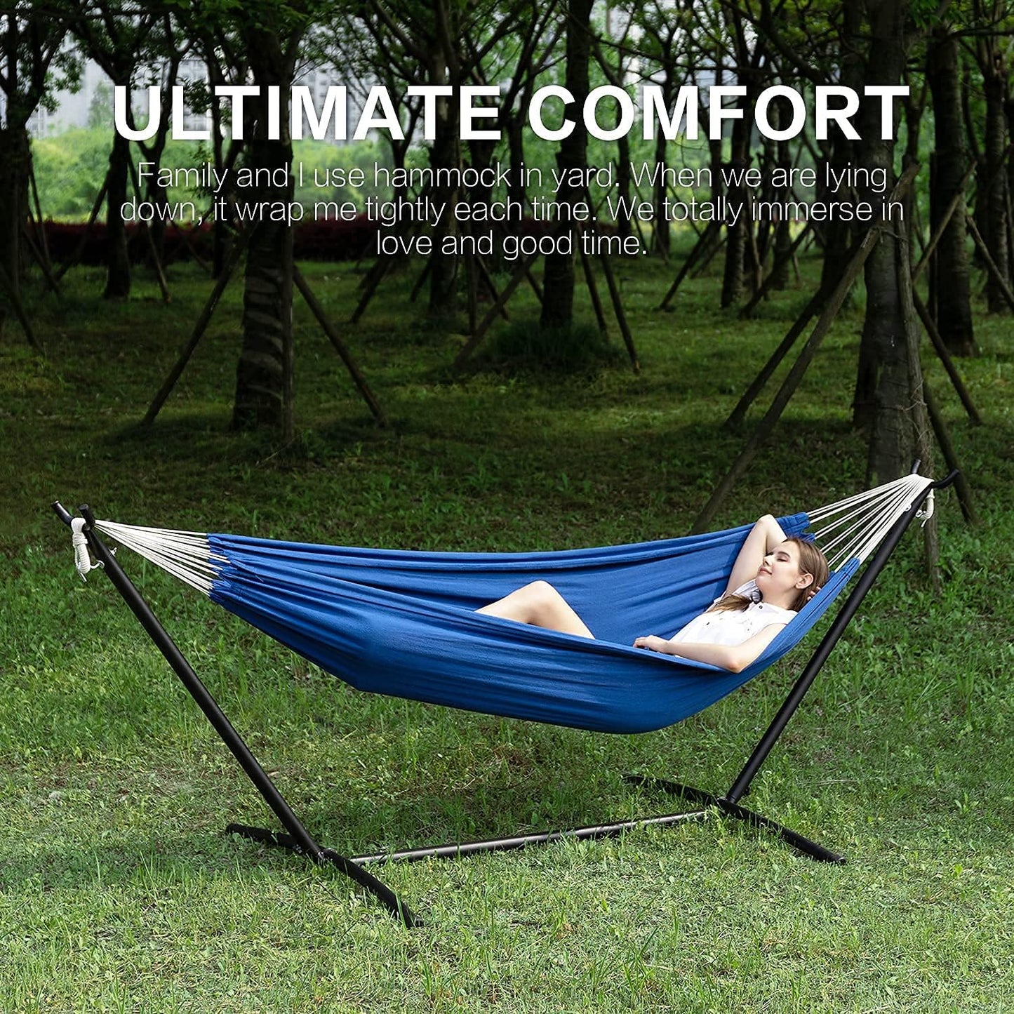 PNAEUT Double Hammocks with Stand for Outside, Portable Space Saving Heavy-Duty Steel Stand for Indoor Outdoor Patio with Carrying Bag, 450 lbs Capacity (Navy)