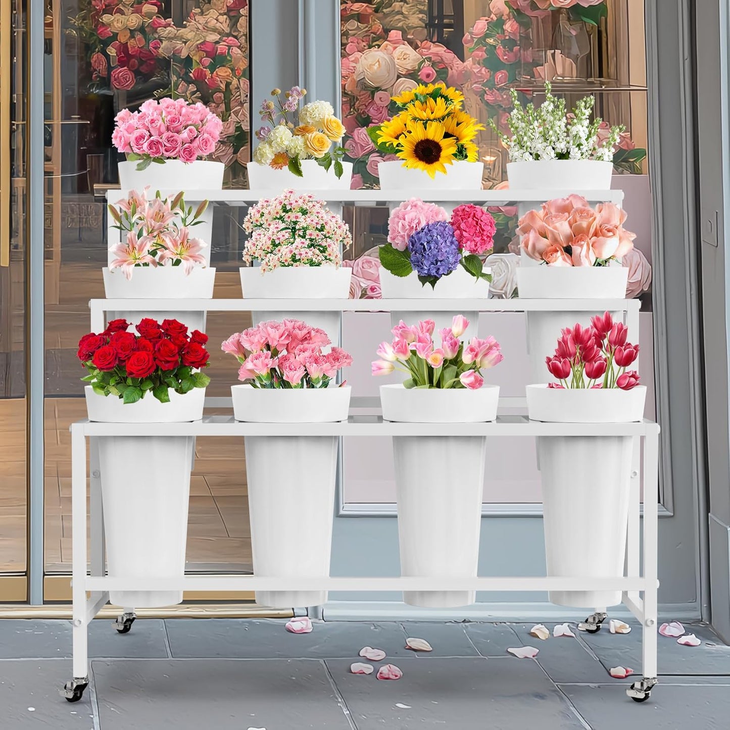Flower Display Stand with 12 Buckets, Flower Cart White 3 Layers Metal Flowers Bar Stand with Wheels, Moving Florist Bouquet Shelf for Wedding Party Indoor Living Room Outdoor Patio Garden