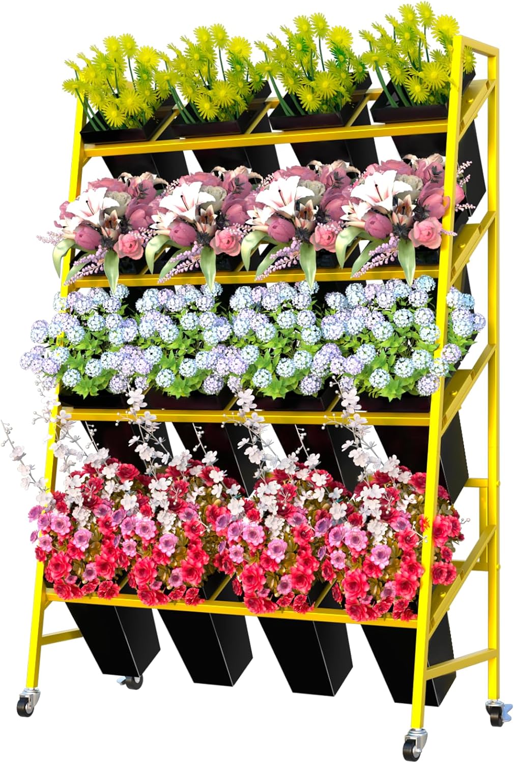 Flower Display Stand, 3 Tier Metal Plant Stand with 12pcs Plastic Flower Buckets, Moving Heavy Duty Flower Cart Flower Rack Indoor,Outdoor Patio,Garden,Living Room,Florist(with 12 black Buckets)