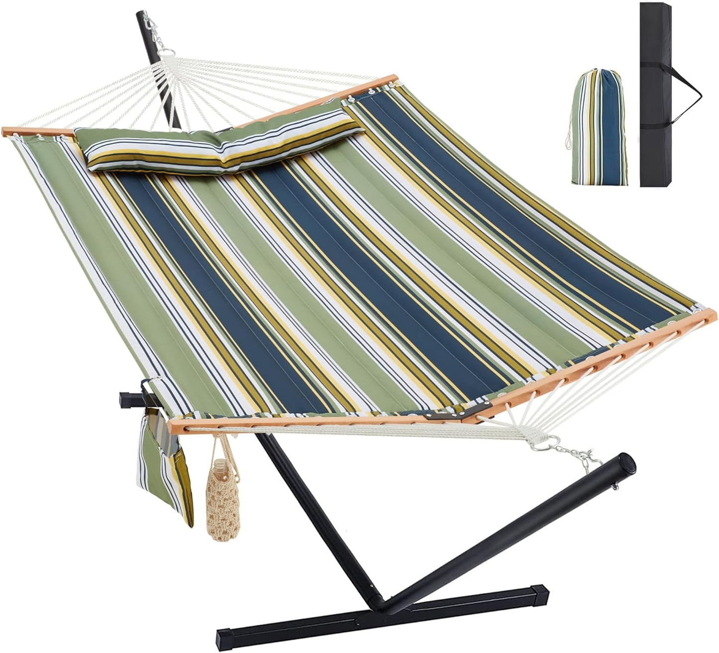 Two Person Hammock with Stand Heavy Duty, Outdoor Patio Hammock with Portable Steel Stand, Large Double Hammocks,480lbs Capacity.(Off White)
