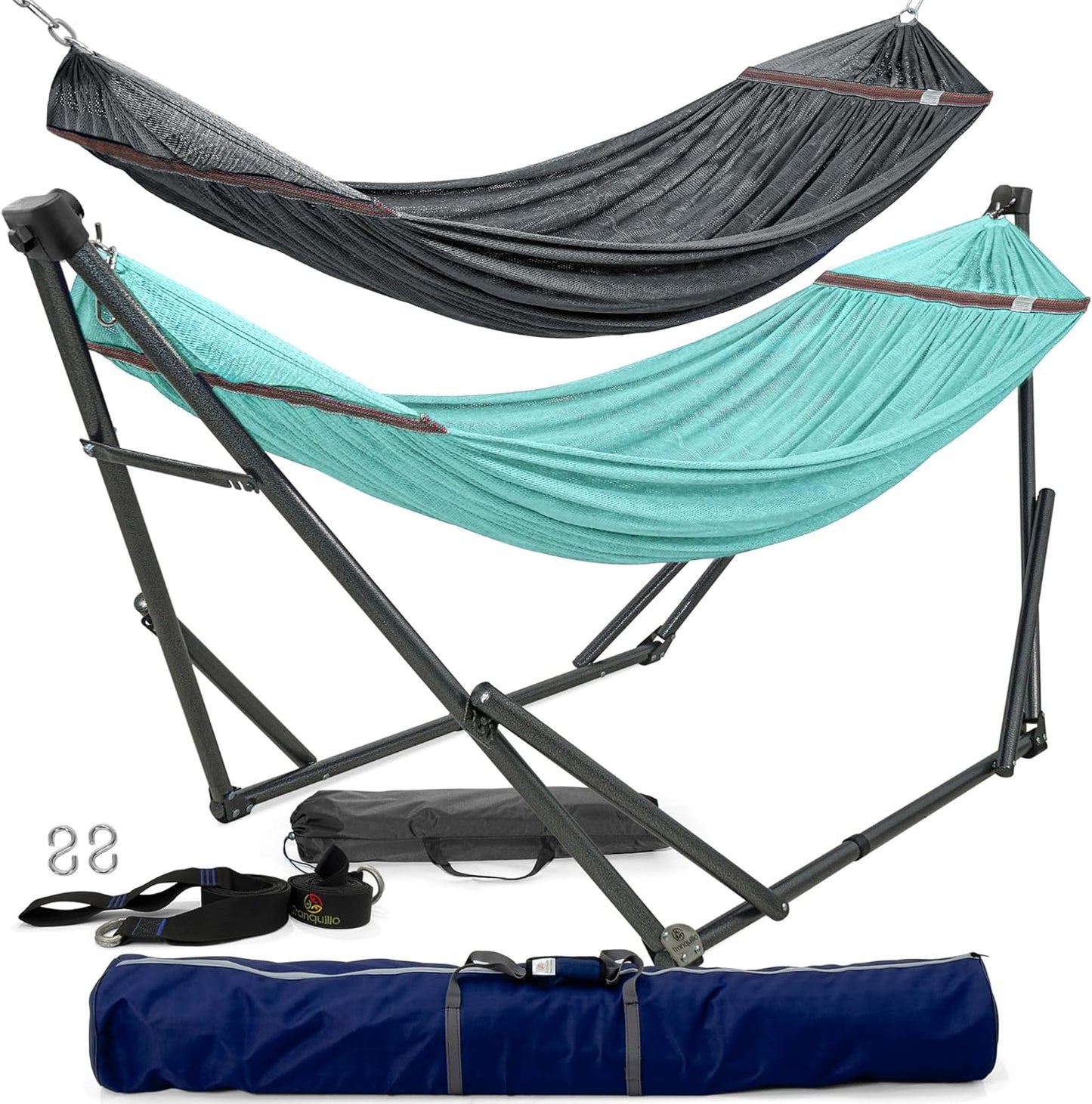 Tranquillo Universal Double Hammock with Stand Included for 2 Persons/Foldable Hammock Stand 600 lbs Capacity Portable Case - Inhouse, Outdoor, Camping, Sky
