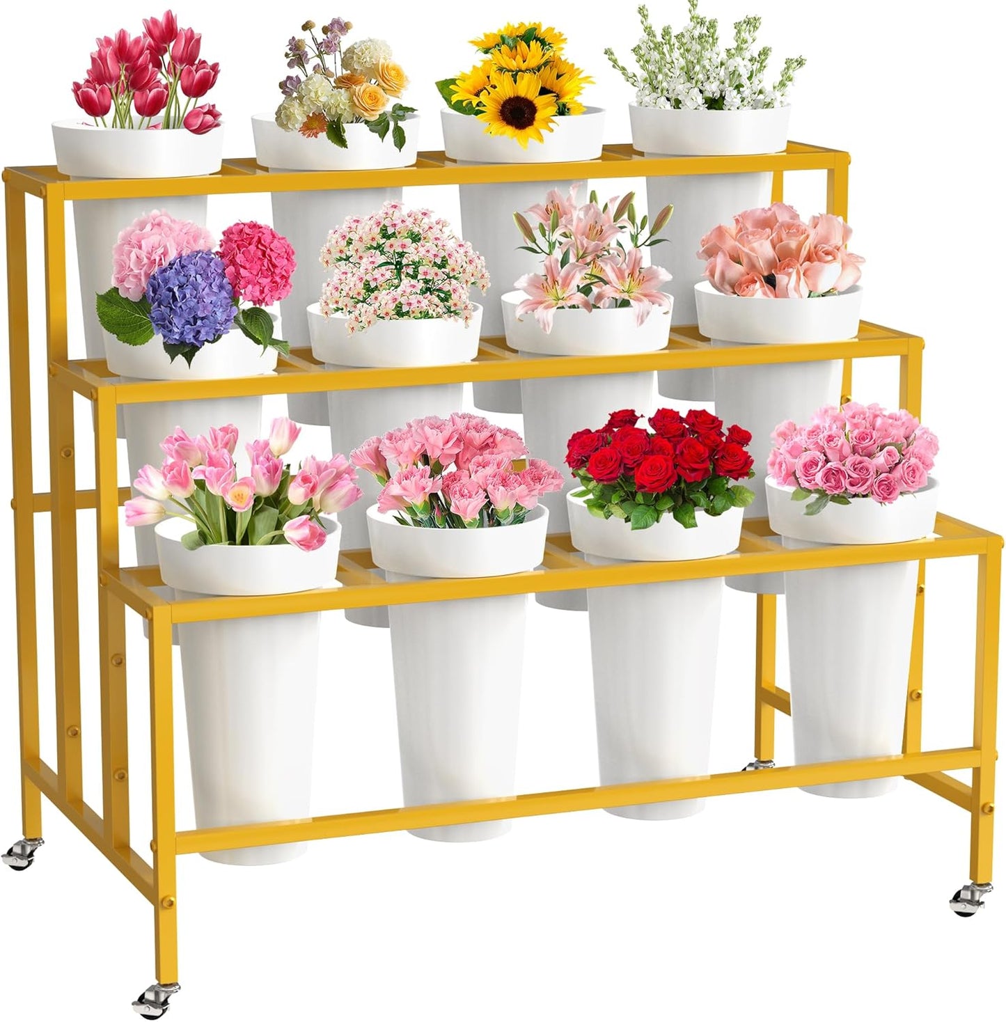 Flower Display Stand with 12 Buckets, Flower Cart White 3 Layers Metal Flowers Bar Stand with Wheels, Moving Florist Bouquet Shelf for Wedding Party Indoor Living Room Outdoor Patio Garden