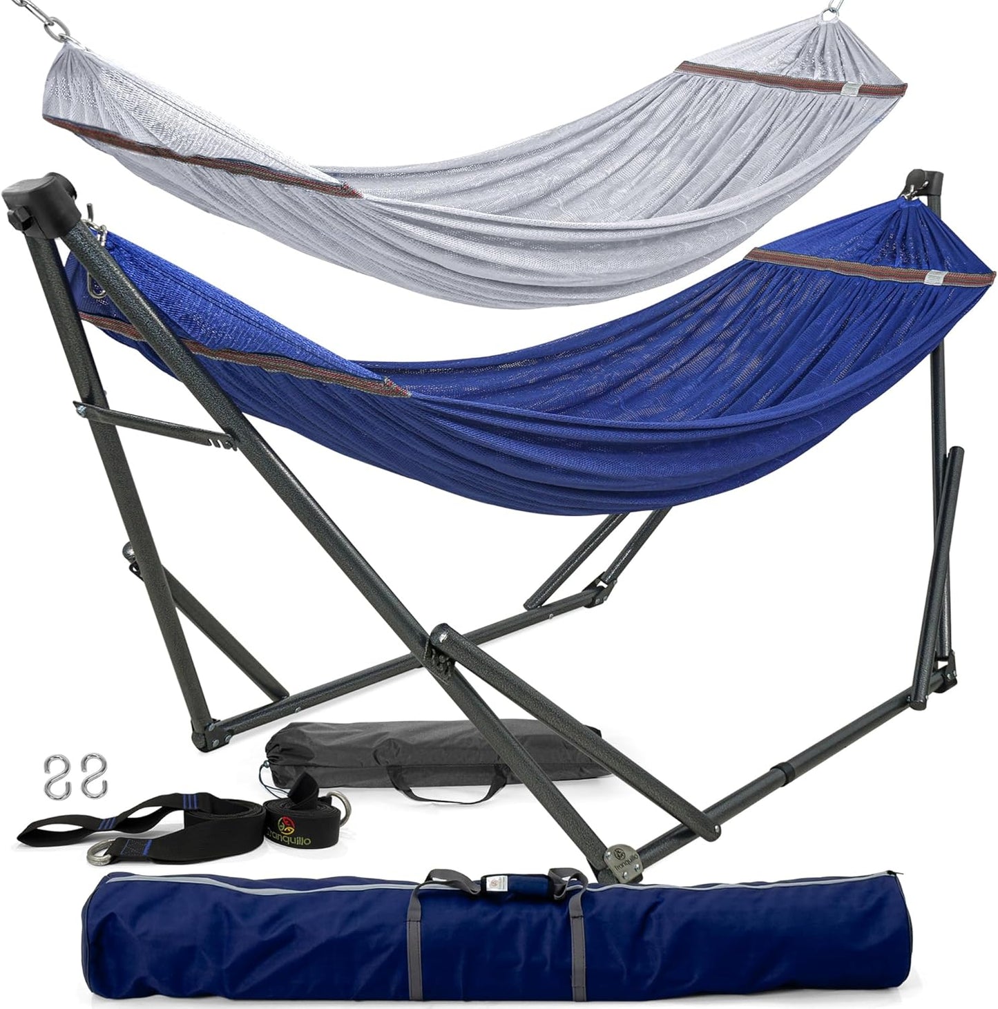 Tranquillo Universal Double Hammock with Stand Included for 2 Persons/Foldable Hammock Stand 600 lbs Capacity Portable Case - Inhouse, Outdoor, Camping, Sky