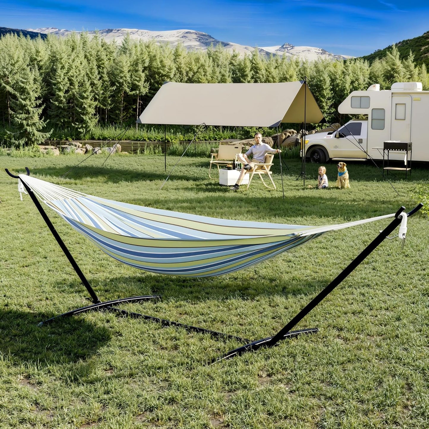 Instant-Setup 2-Person Hammock with Reinforced Steel Frame – Portable Outdoor Lounger for Garden, Camping & Beach (450lb Capacity + Quick-Fold Carry Bag),Blue-Green Stripes